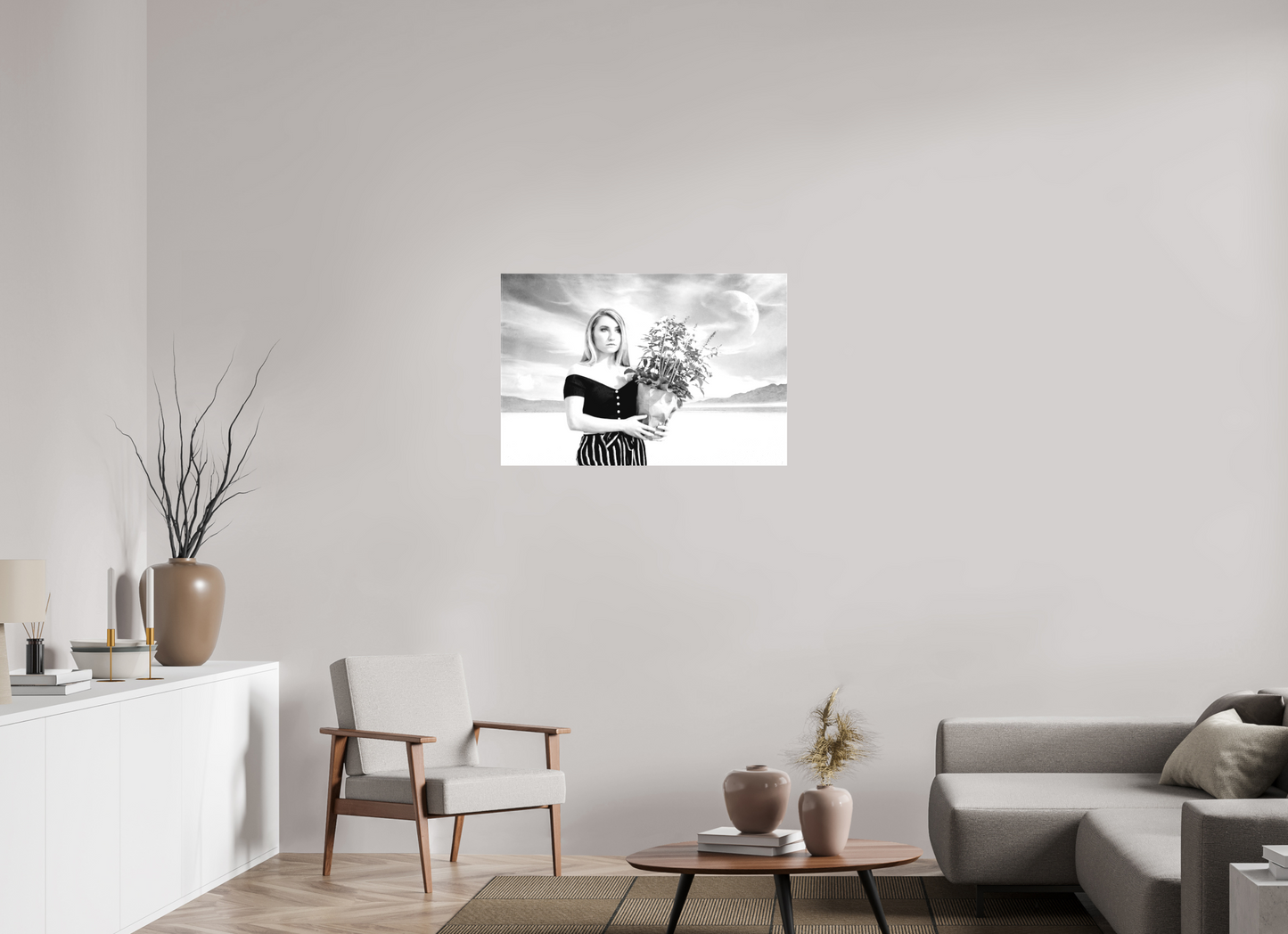 36 x 24″, -Matte Canvas on Stretcher Frame She Waits in Silence – Surreal Black & White Fine Art Photography Print