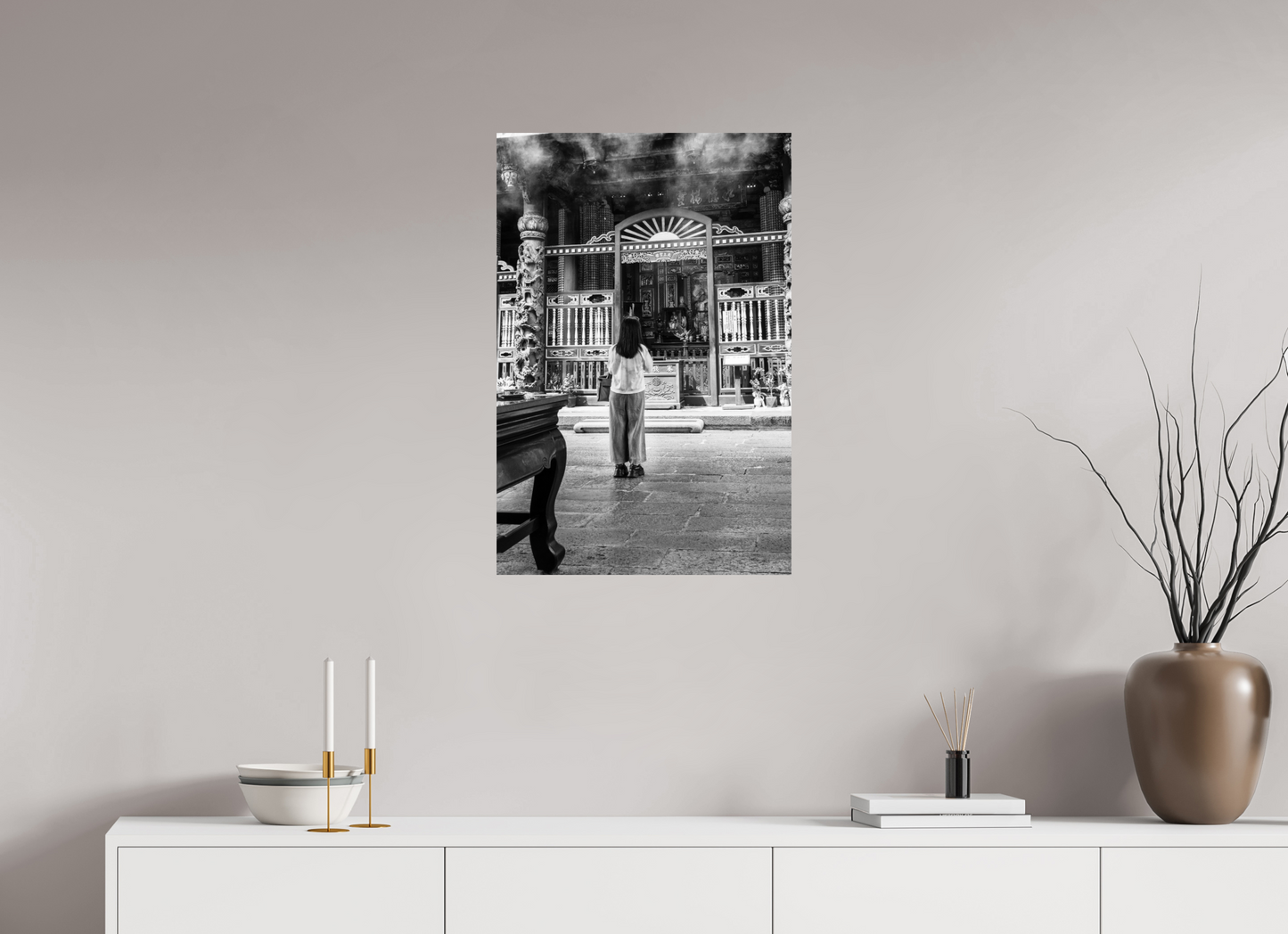 20 x 30″, -Metallic Photo Print on Fuji Crystal Pearl Long Shan Temple Interior Black and White Fine Art Photograph Taipei Taiwan