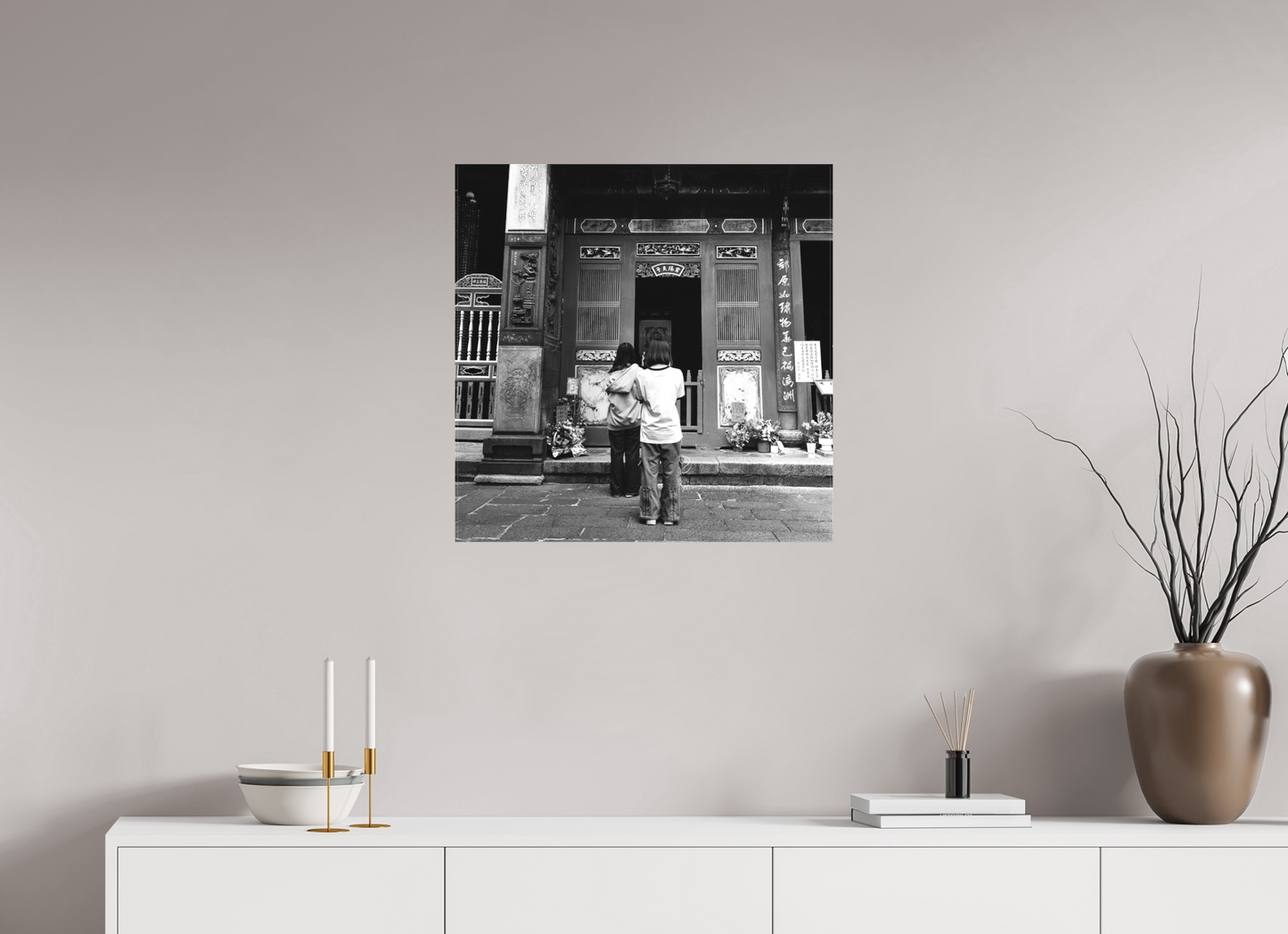 25 x 25″, -Matte Canvas on Stretcher Frame Long Shan Temple Interior Black and White Fine Art Photograph Taipei Taiwan