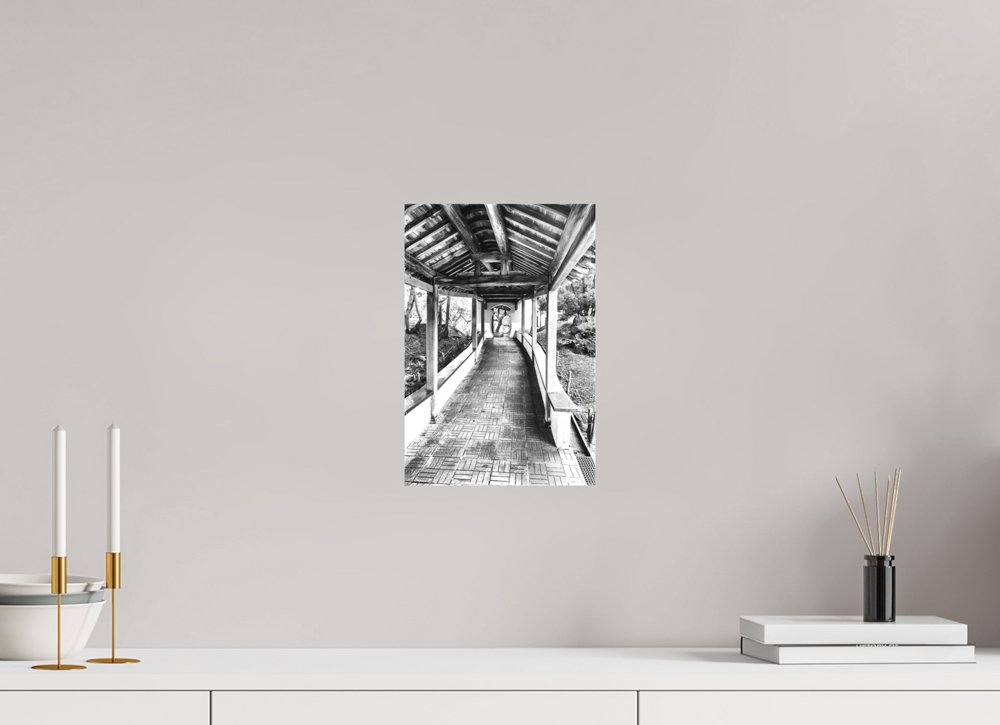 8 x 12″, -Textile Print on Stretcher Frame Walkway Zhishan Garden National Palace Museum Black and White Fine Art Photograph Taipei Taiwan