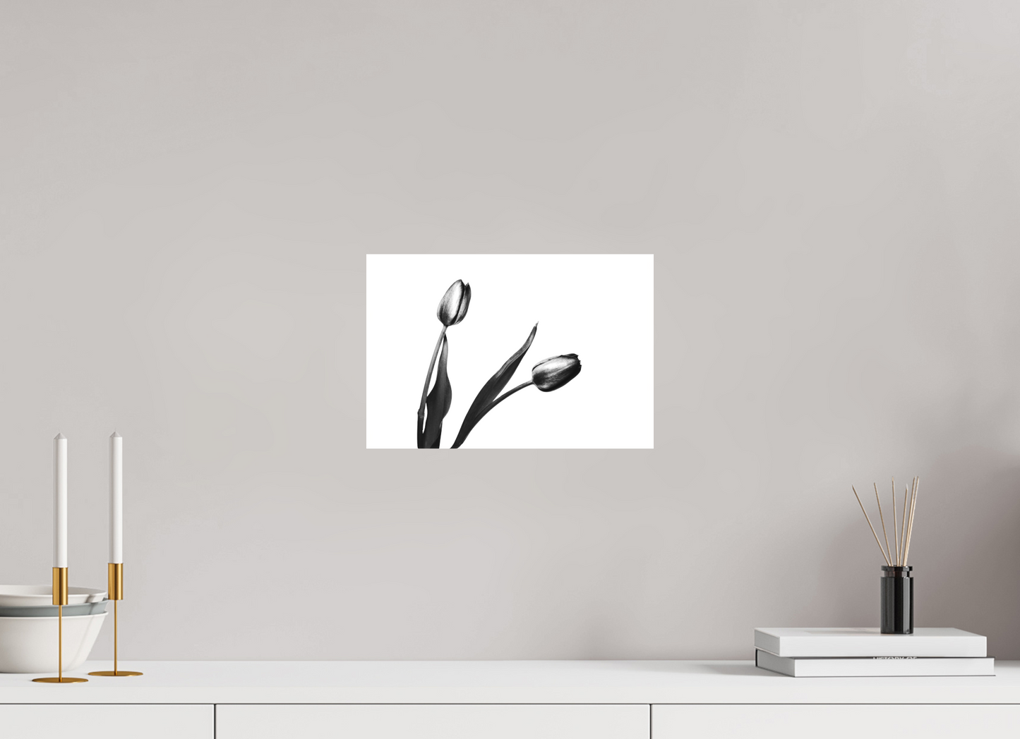 12 x 8″, -Textile Print on Stretcher Frame Pair of Tulips Black and White Fine Art Photograph