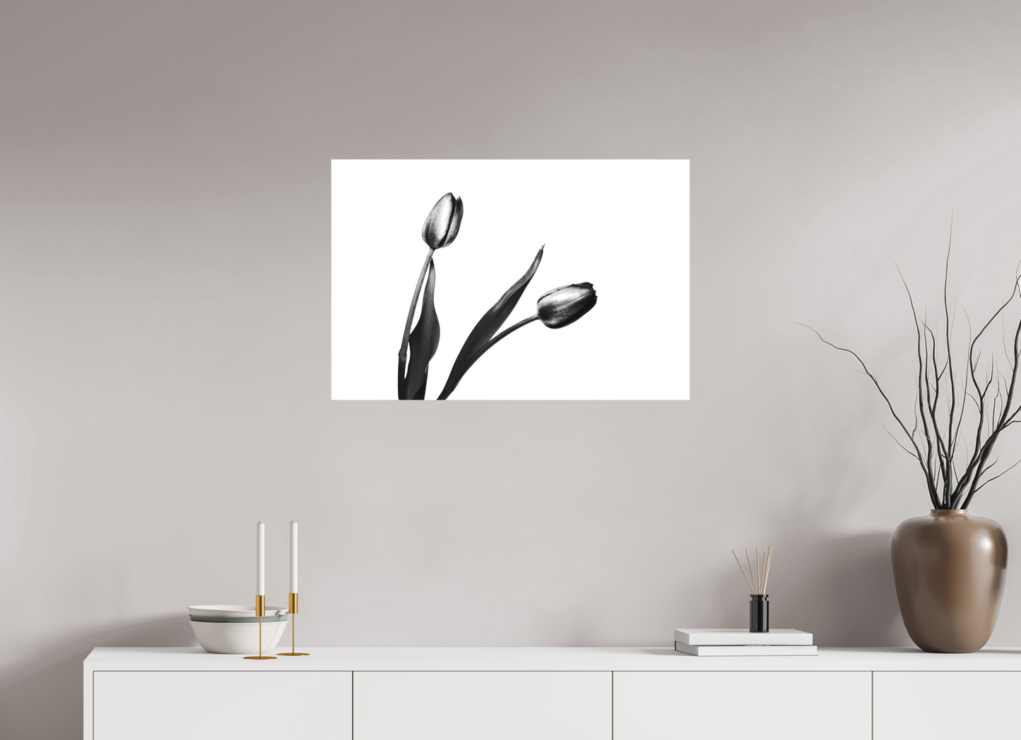 30 x 20″, -Matte Canvas on Stretcher Frame Pair of Tulips Black and White Fine Art Photograph
