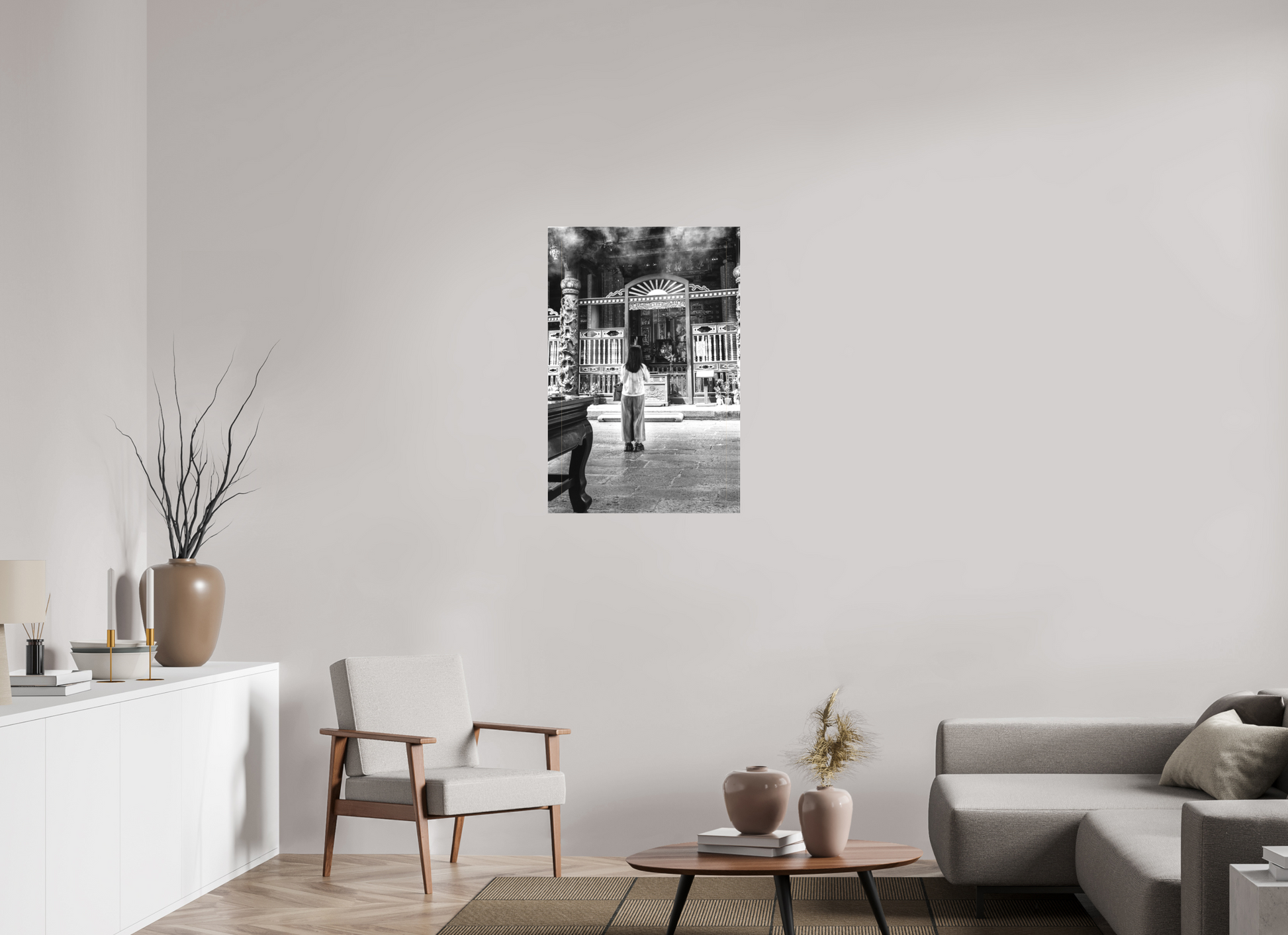 24 x 36″, -Textile Print on Stretcher Frame Long Shan Temple Interior Black and White Fine Art Photograph Taipei Taiwan