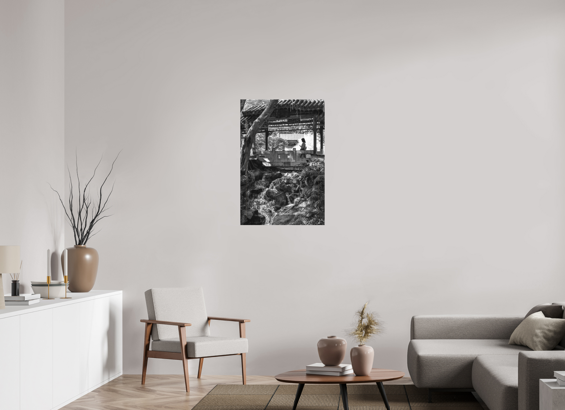 24 x 36″, -Textile Print on Stretcher Frame Afternoon in  Zhishan Gardens National Palace Museum Fine Art Black and White Photograph Taipei Taiwan
