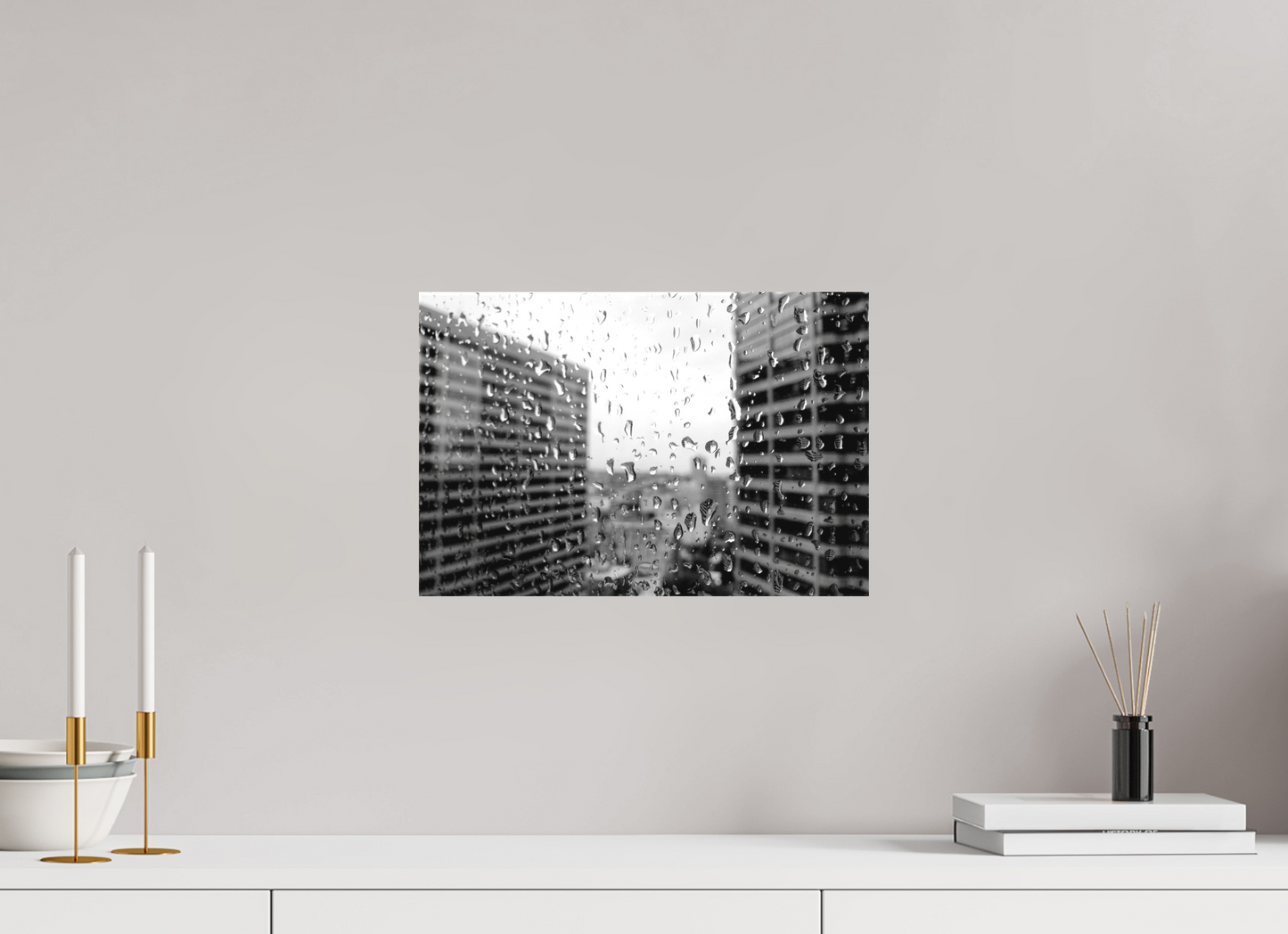 15 x 10″, -Textile Print on Stretcher Frame Rain on the 40th Floor – Seattle Black and White Fine Art Photography