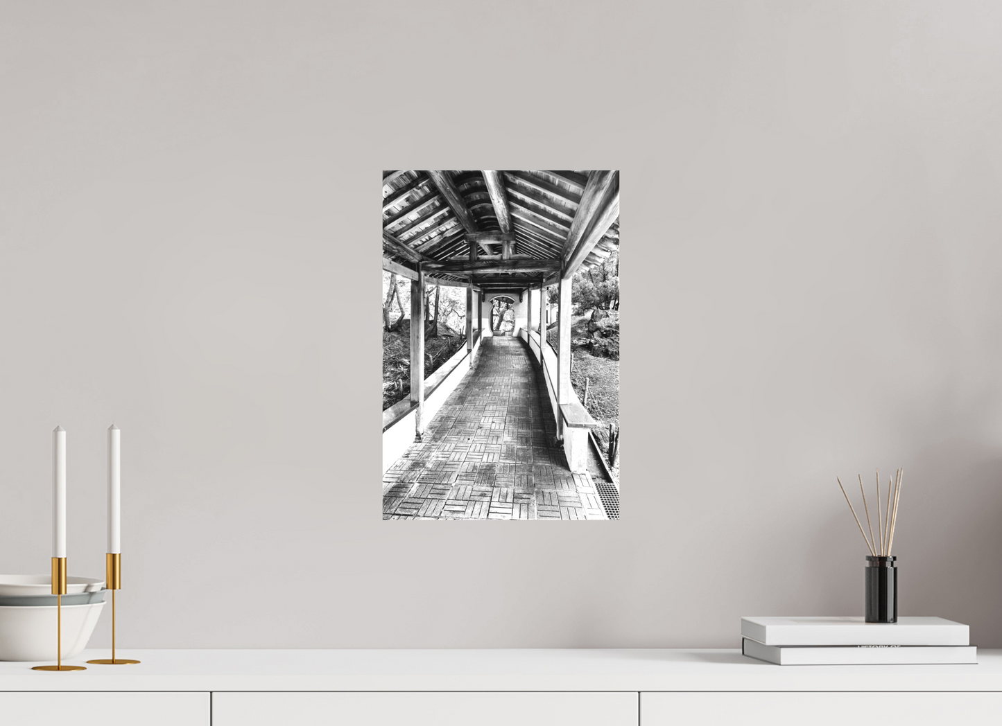 10 x 15″, -Textile Print on Stretcher Frame Walkway Zhishan Garden National Palace Museum Black and White Fine Art Photograph Taipei Taiwan