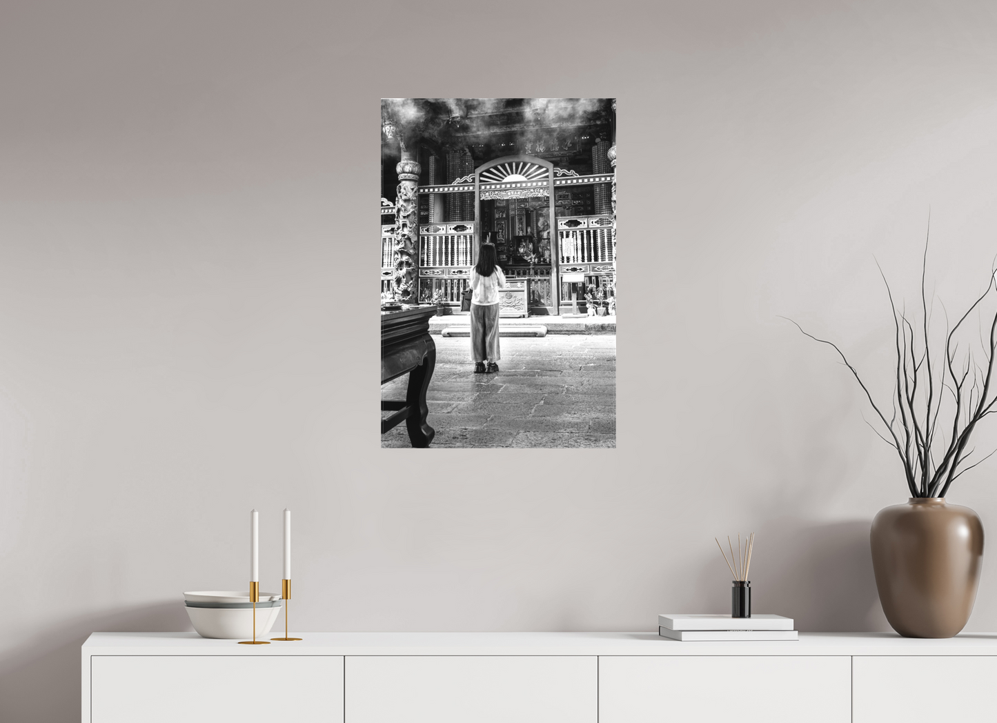 20 x 30″, -Textile Print on Stretcher Frame Long Shan Temple Interior Black and White Fine Art Photograph Taipei Taiwan