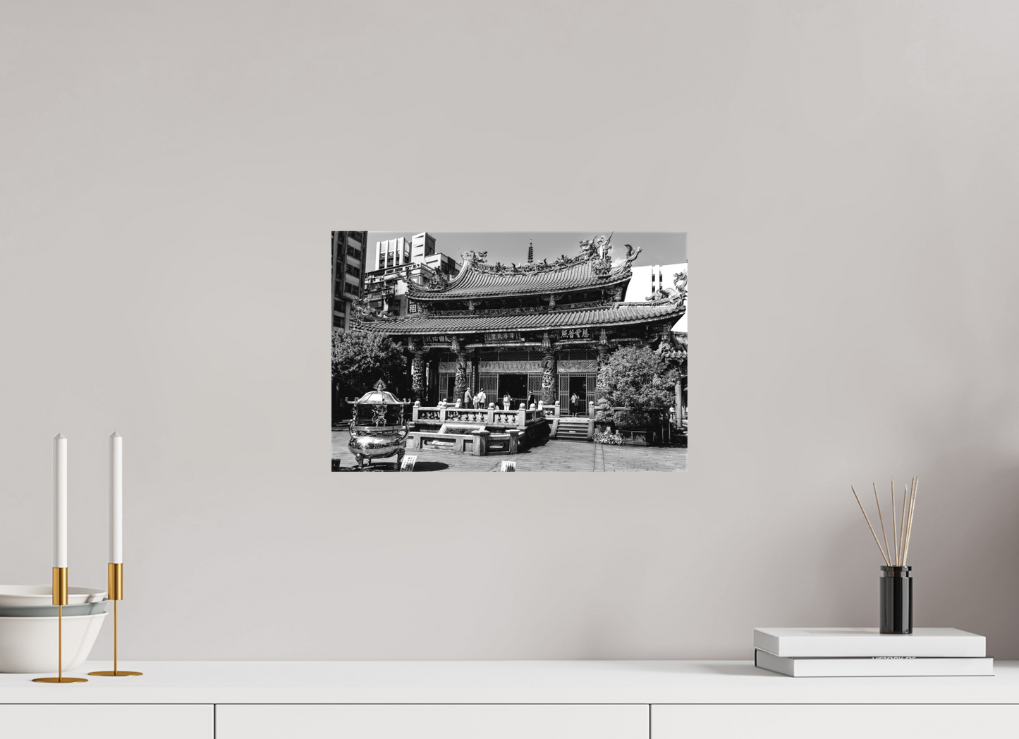 15 x 10″, -Textile Print on Stretcher Frame Long Shan Temple Black and White Fine Art Photograph Taipei Taiwan