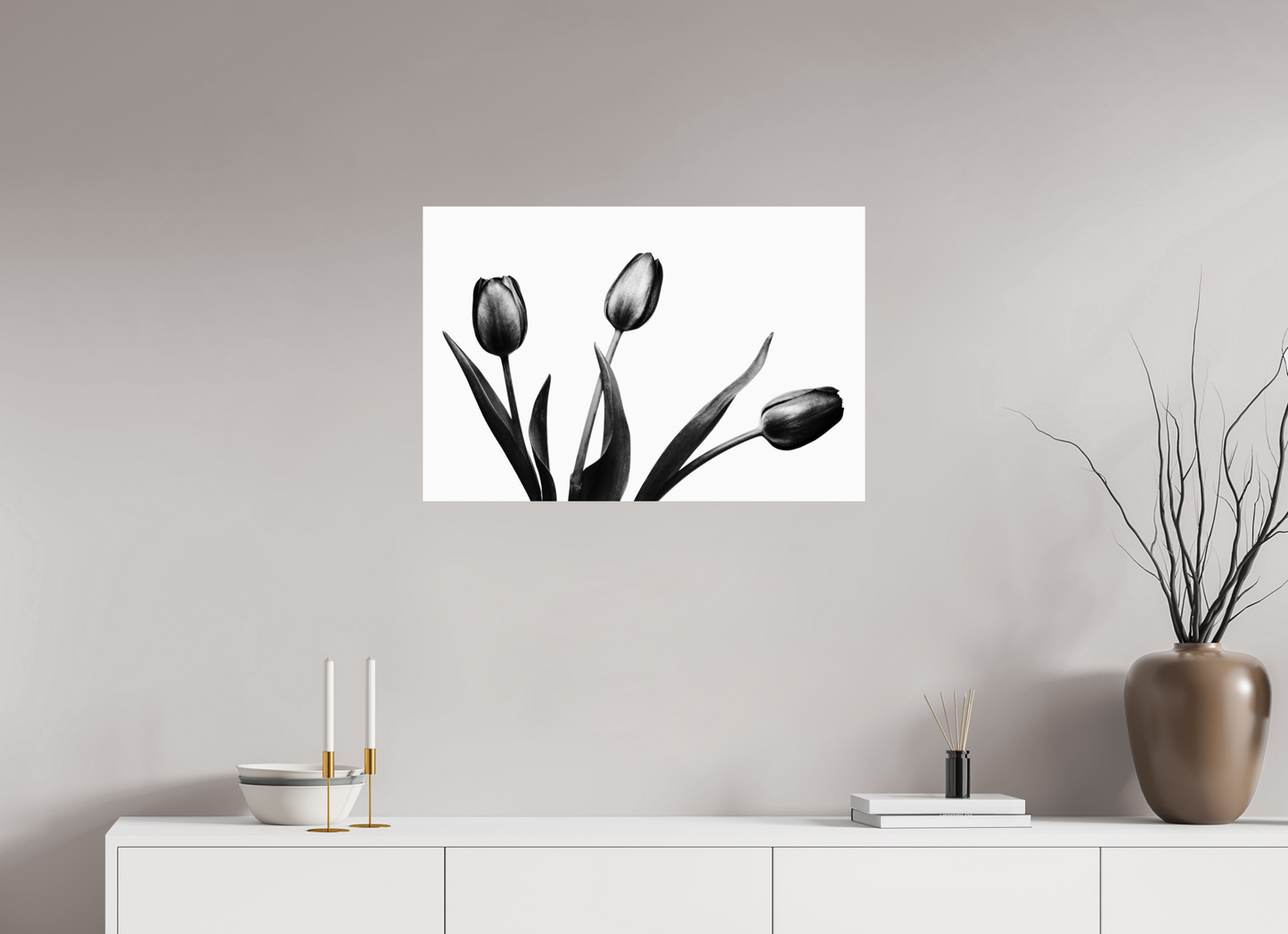 30 x 20″, -Giclée Fine Art Print Trio of Tulips Black and White Fine Art Photograph