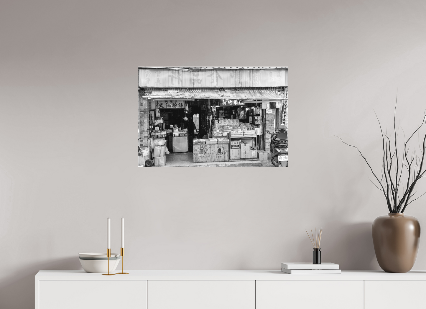 30 x 20″, -Textile Print on Stretcher Frame Dihua Old Street Black and White Fine Art Photograph Taipei Taiwan