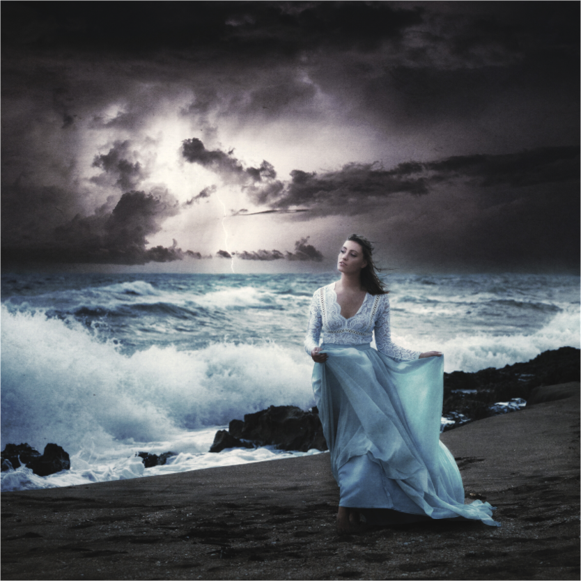 Main image Nightfall – Woman by the Sea in a Surreal Stormscape