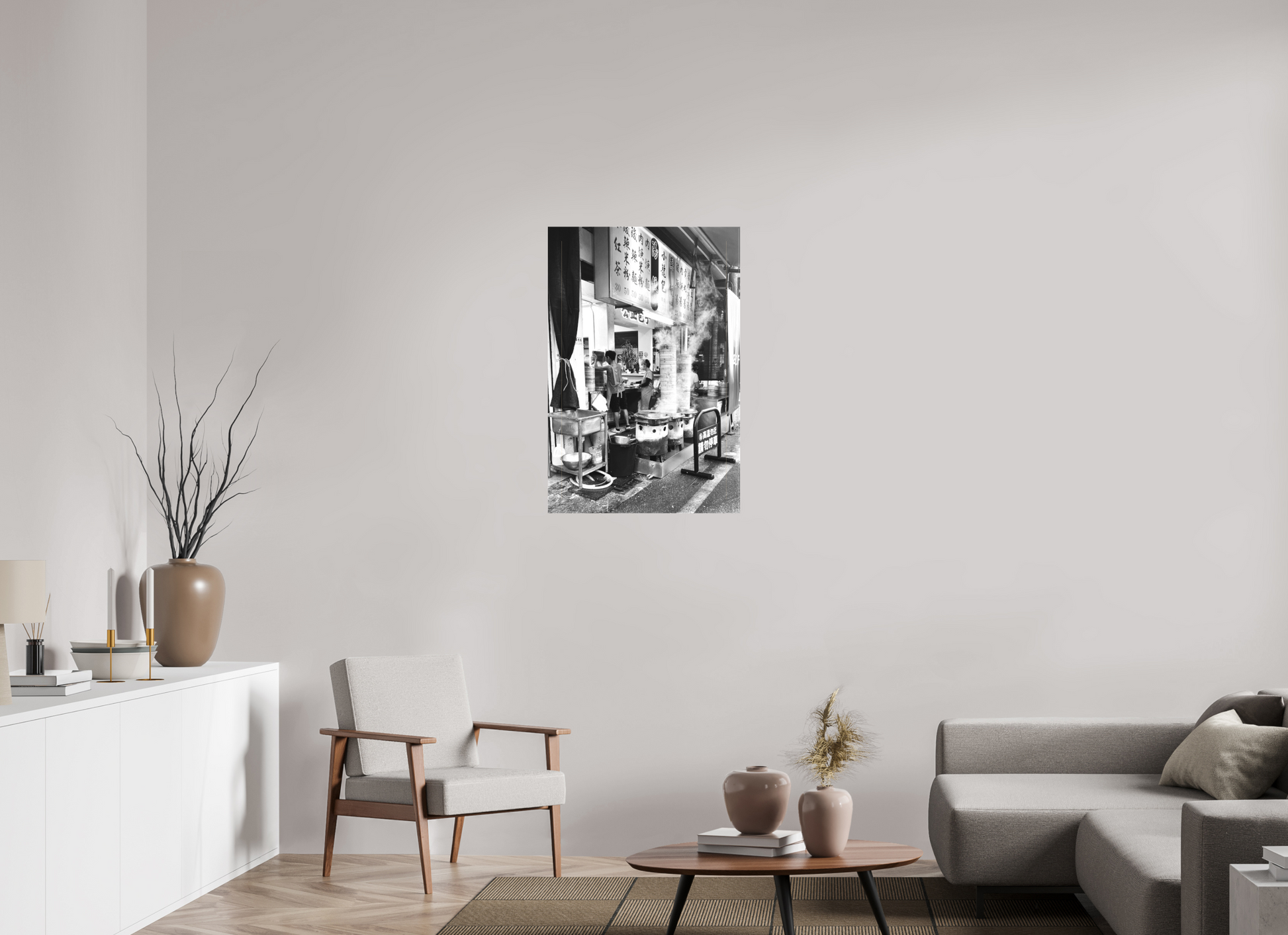24 x 36″, -Textile Print on Stretcher Frame Dumpling Kitchen Black and White Fine Art Photograph Hualien Taiwan