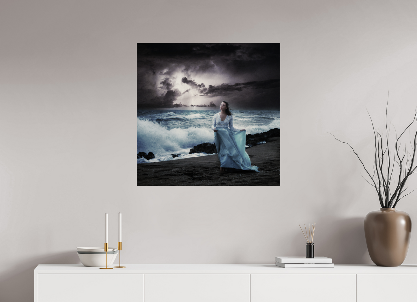 30 x 30″, -Giclée Fine Art Print Nightfall – Woman by the Sea in a Surreal Stormscape