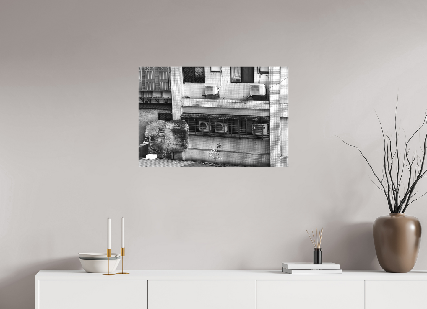30 x 20″, -Matte Canvas on Stretcher Frame Rear Window Black and White Fine Art Photograph Taipei Taiwan