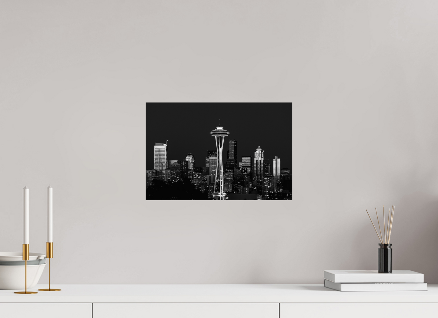 15 x 10″, -Photo Print on Fujiflex High Gloss Midnight in Seattle – Black and White Fine Art Photograph of the Seattle Skyline at Night