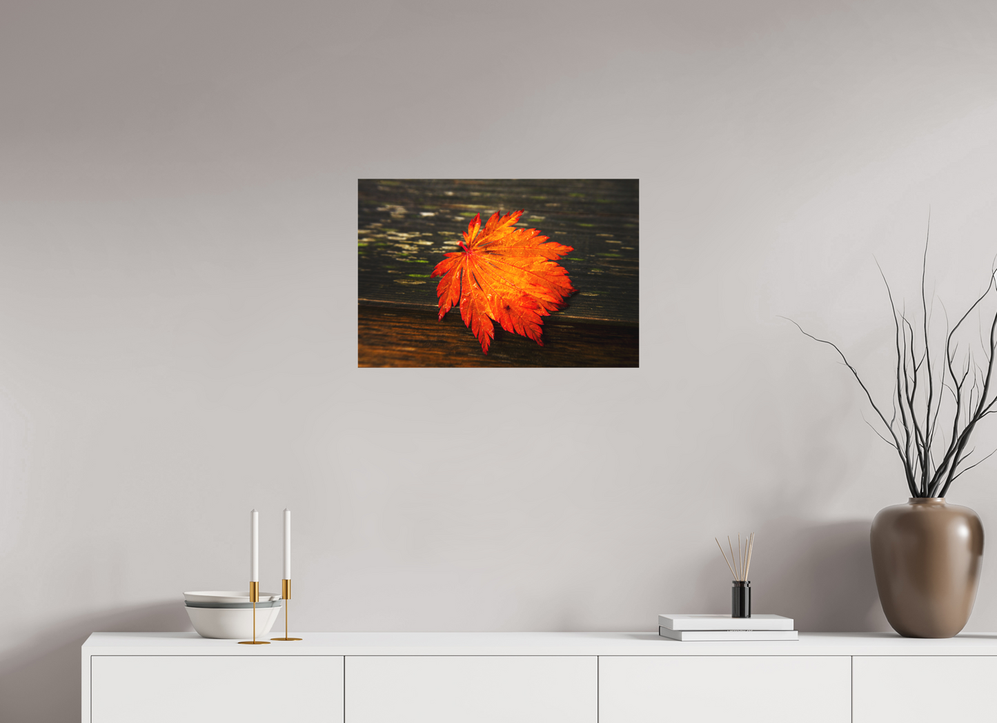 24 x 16″, -Matte Canvas on Stretcher Frame After the Rain | Leaf on Wood