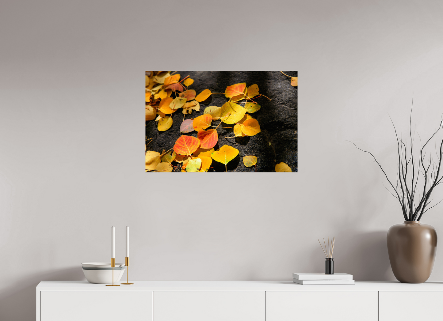 30 x 20″, -Metallic Photo Print on Fuji Crystal Pearl Autumn Aspen Leaves on Stone