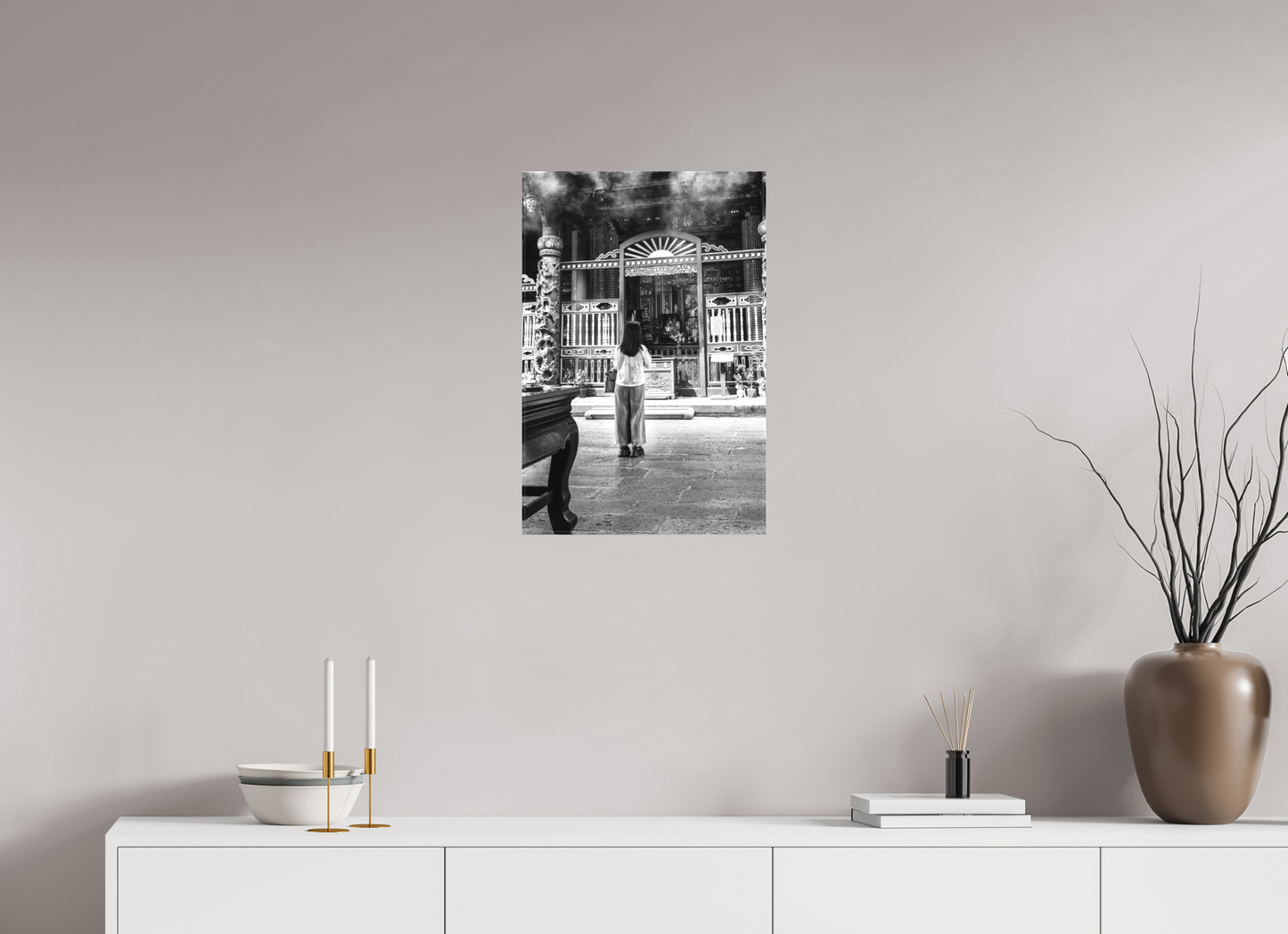 16 x 24″, -Matte Canvas on Stretcher Frame Long Shan Temple Interior Black and White Fine Art Photograph Taipei Taiwan