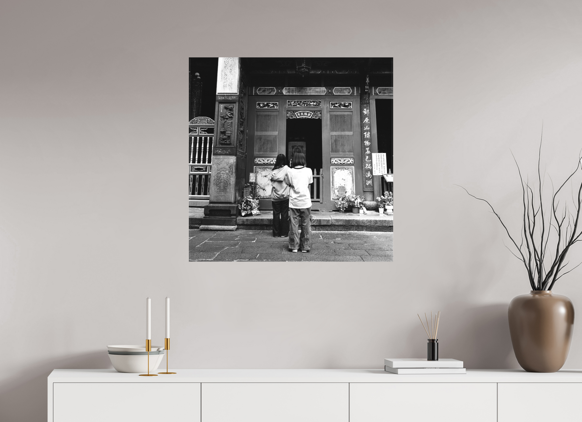 30 x 30″, -Textile Print on Stretcher Frame Long Shan Temple Interior Black and White Fine Art Photograph Taipei Taiwan