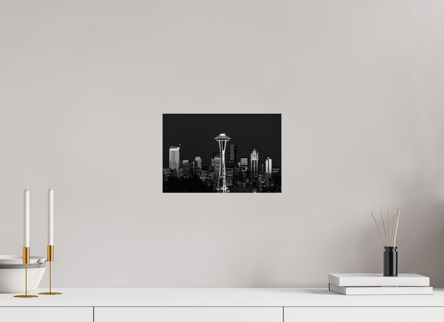 12 x 8″, -Photo Print on Fujiflex High Gloss Midnight in Seattle – Black and White Fine Art Photograph of the Seattle Skyline at Night
