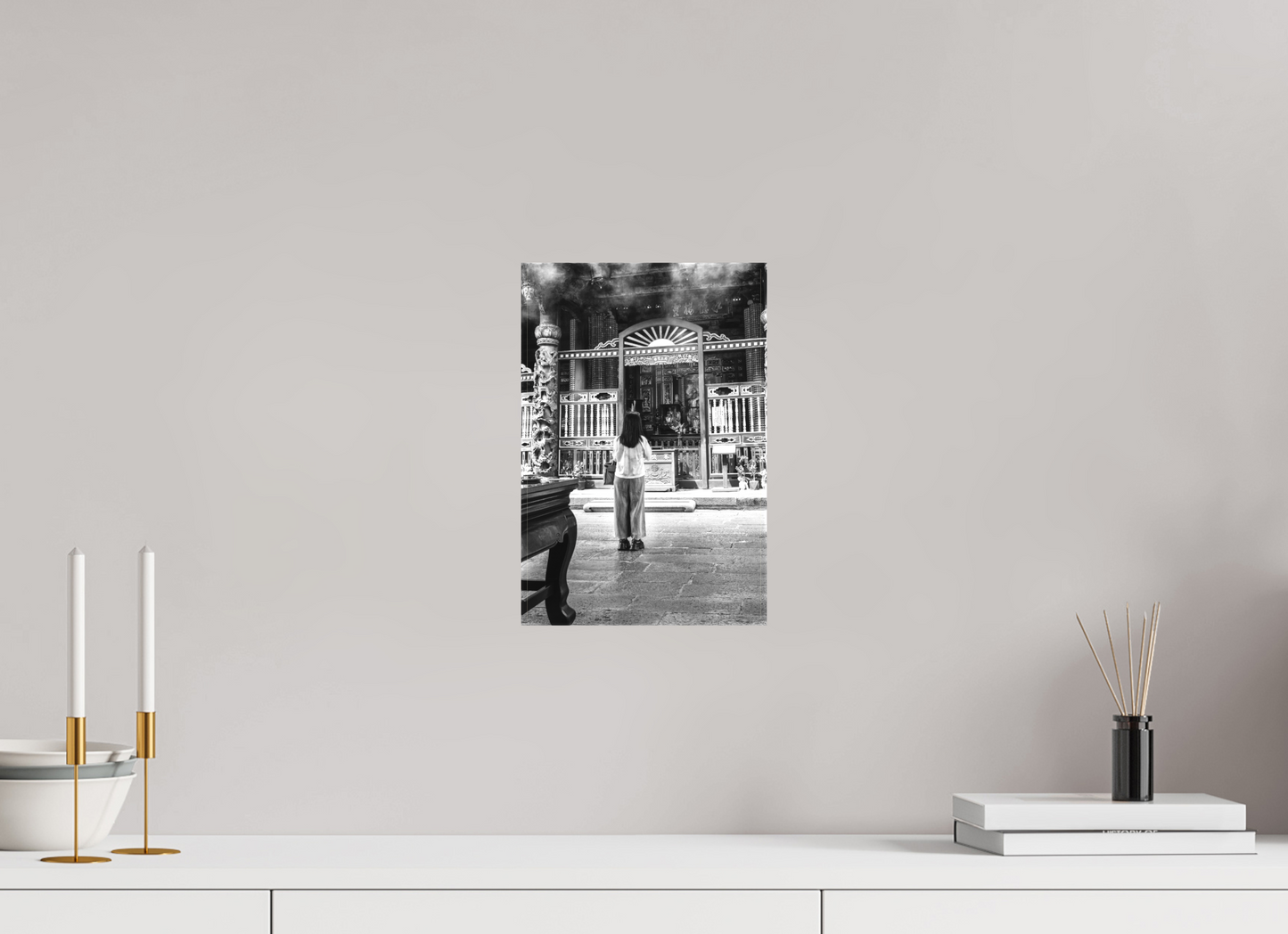 8 x 12″, -Textile Print on Stretcher Frame Long Shan Temple Interior Black and White Fine Art Photograph Taipei Taiwan