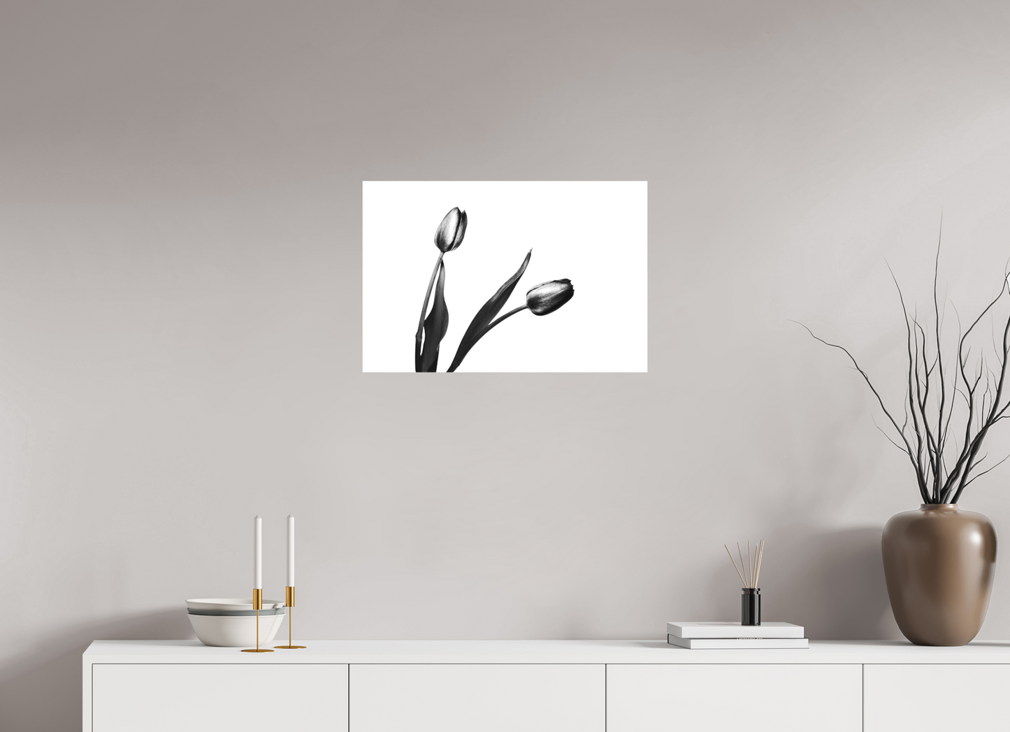24 x 16″, -Matte Canvas on Stretcher Frame Pair of Tulips Black and White Fine Art Photograph