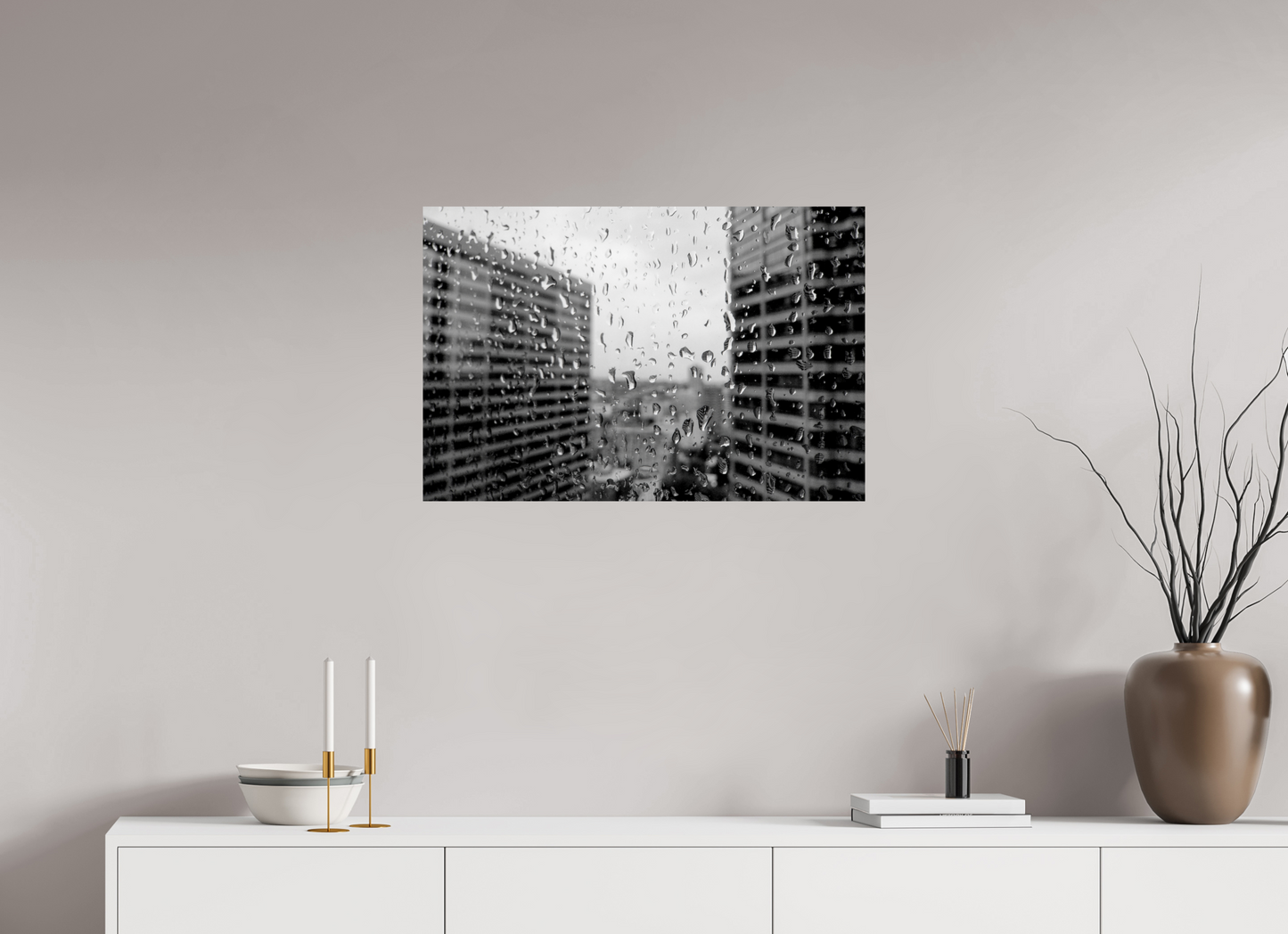 30 x 20″, -Metallic Photo Print on Fuji Crystal Pearl Rain on the 40th Floor – Seattle Black and White Fine Art Photography