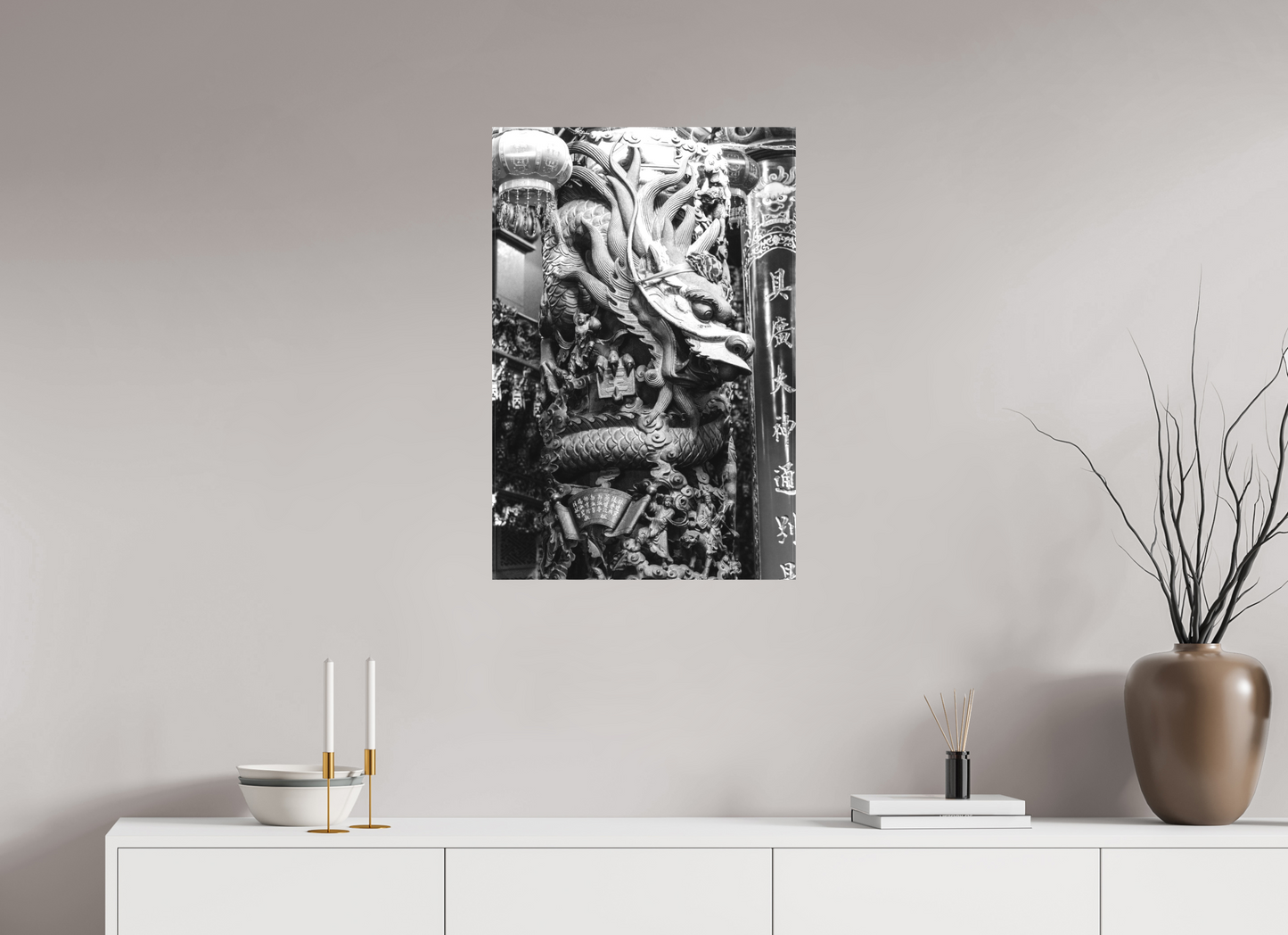 20 x 30″, -Matte Canvas on Stretcher Frame Temple Dragon Black and White Fine Art Photograph Hualien Taiwan