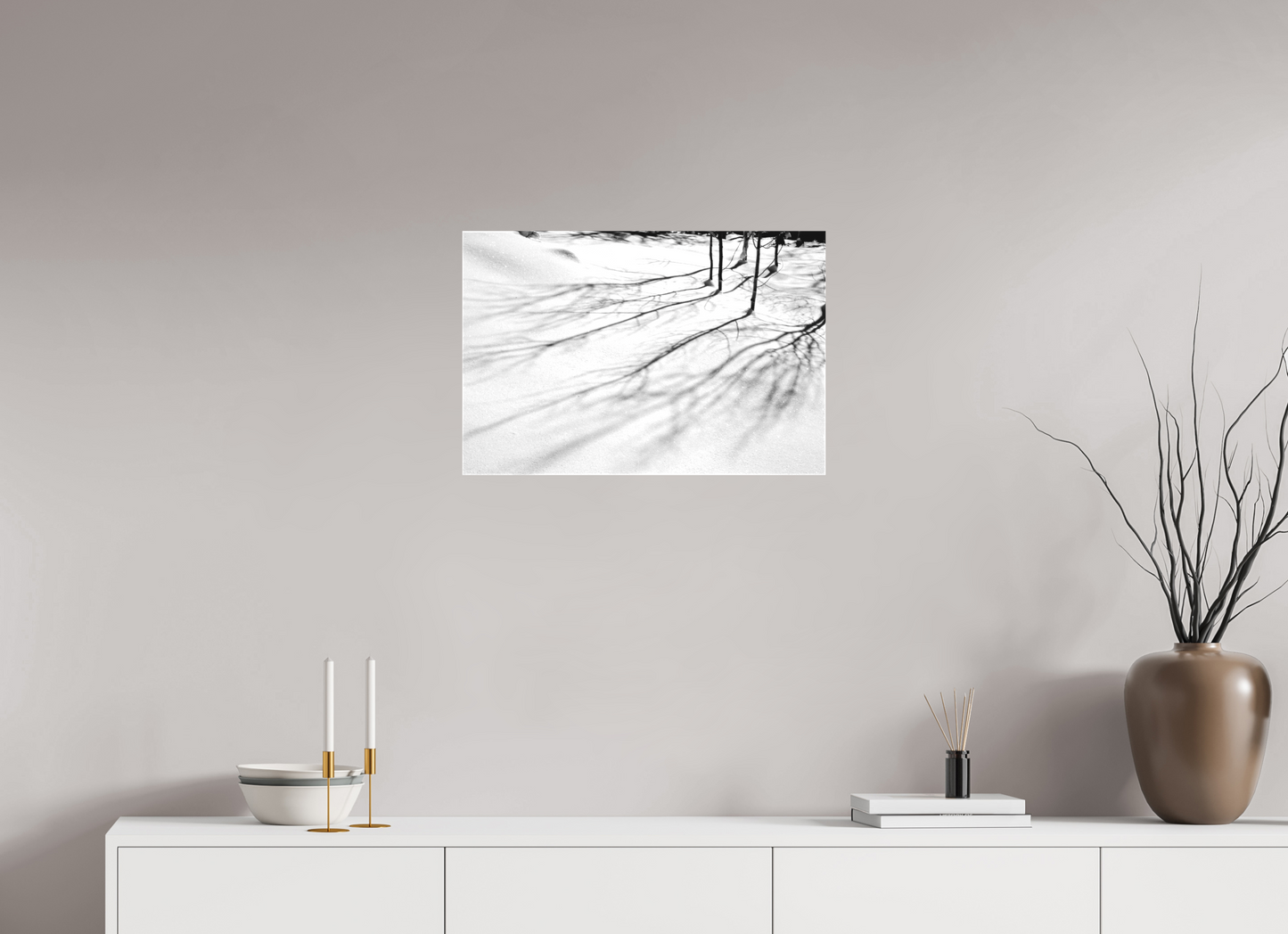 24 x 16″, -Matte Canvas on Stretcher Frame Aspen Shadows | Shadow Play on the Snow: A Winter Study in Black and White