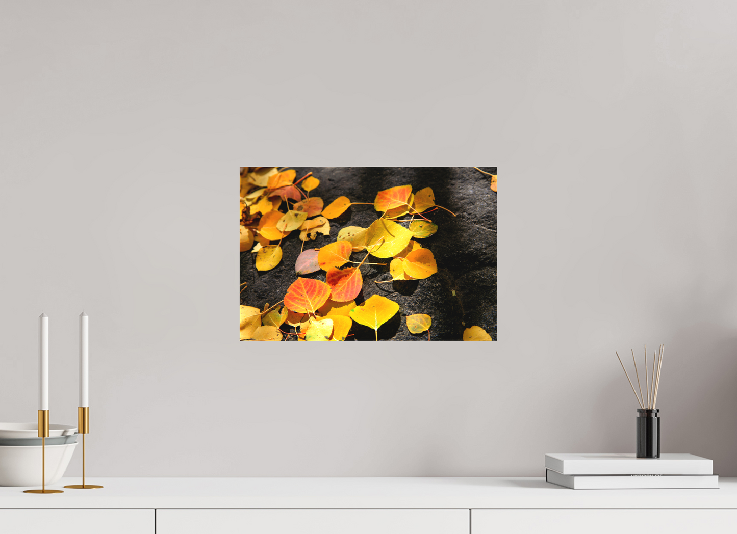 15 x 10″, -Matte Canvas on Stretcher Frame Autumn Aspen Leaves on Stone