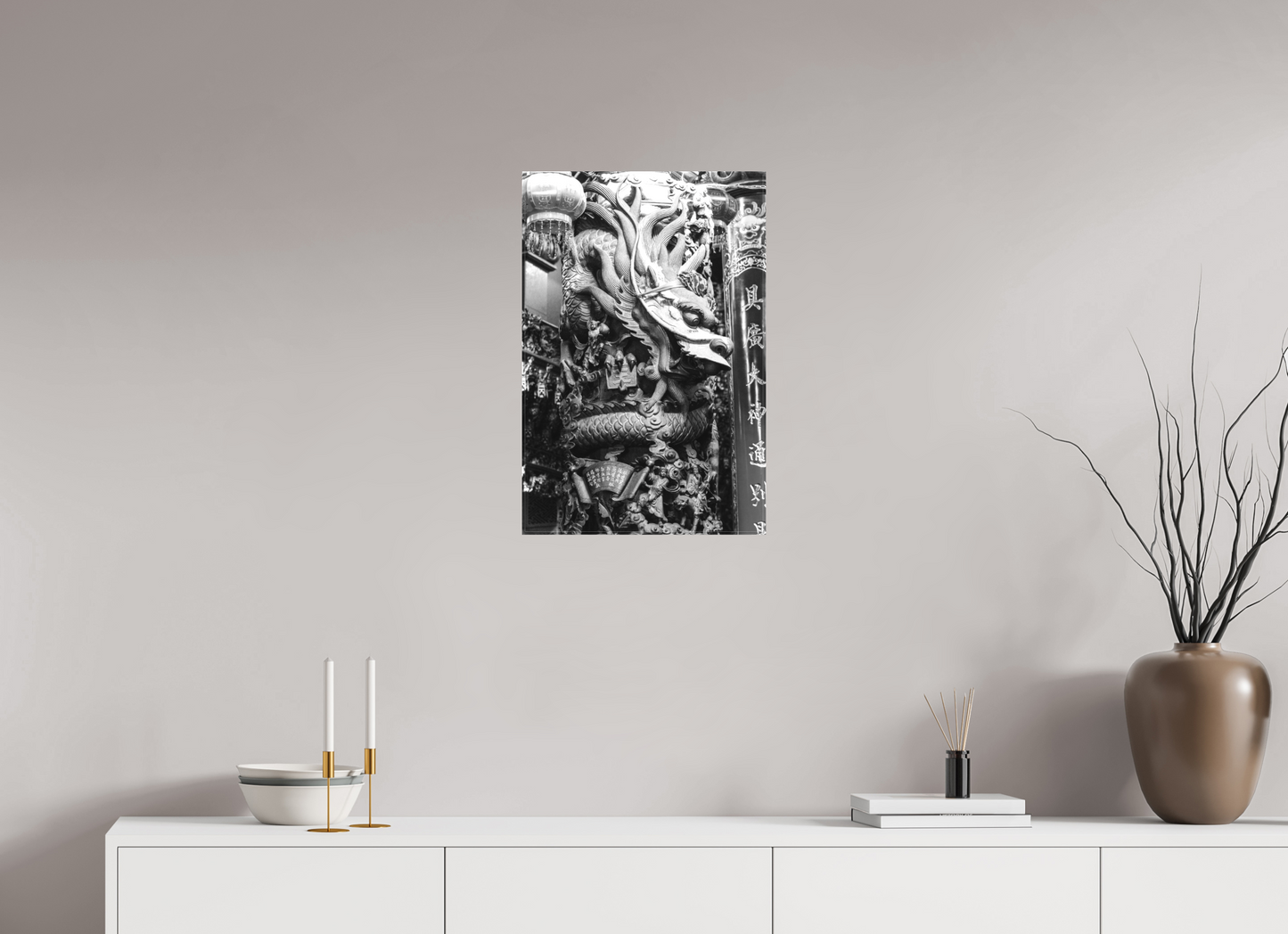 16 x 24″, -Textile Print on Stretcher Frame Temple Dragon Black and White Fine Art Photograph Hualien Taiwan