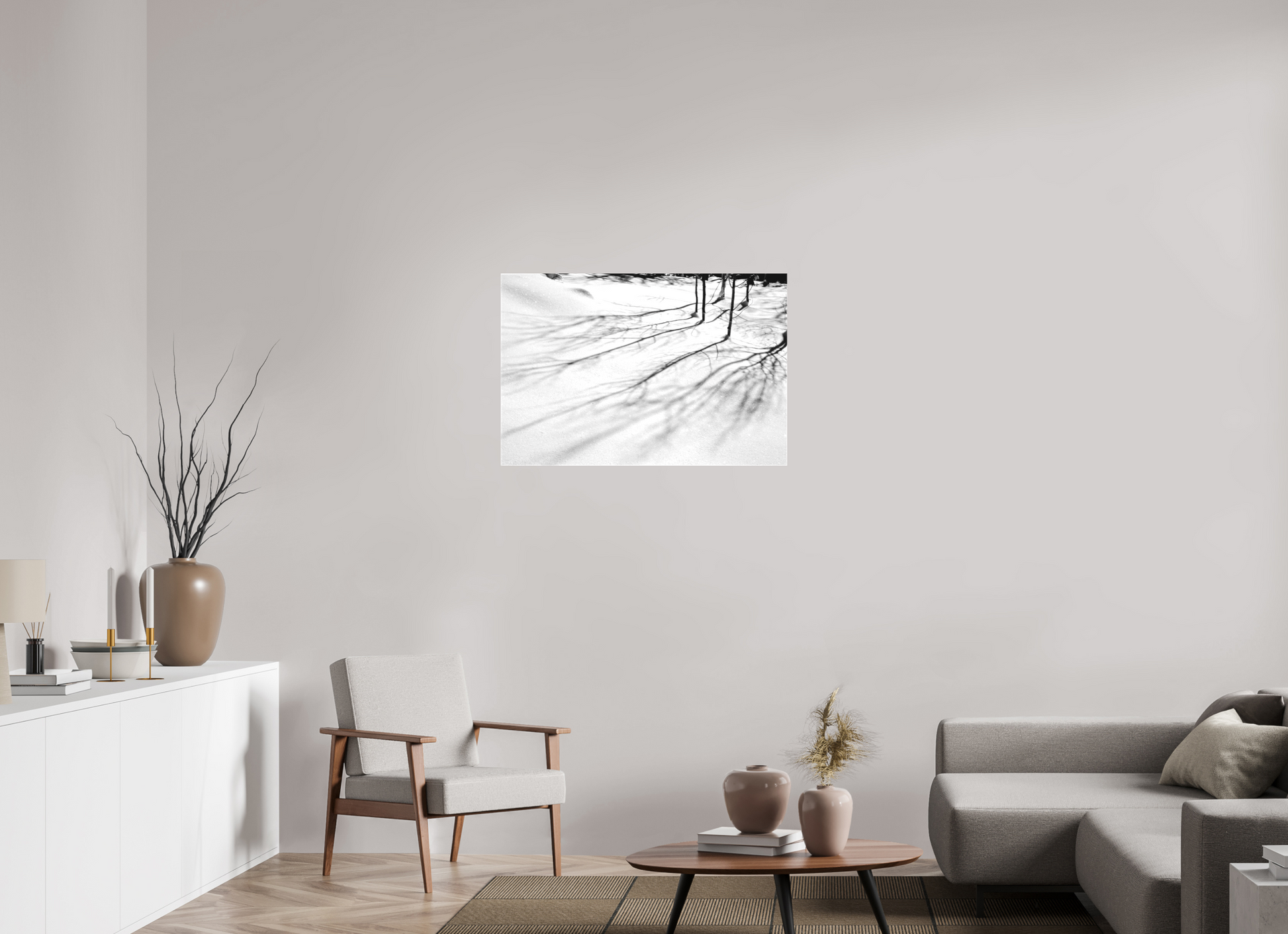 36 x 24″, -Textile Print on Stretcher Frame Aspen Shadows | Shadow Play on the Snow: A Winter Study in Black and White