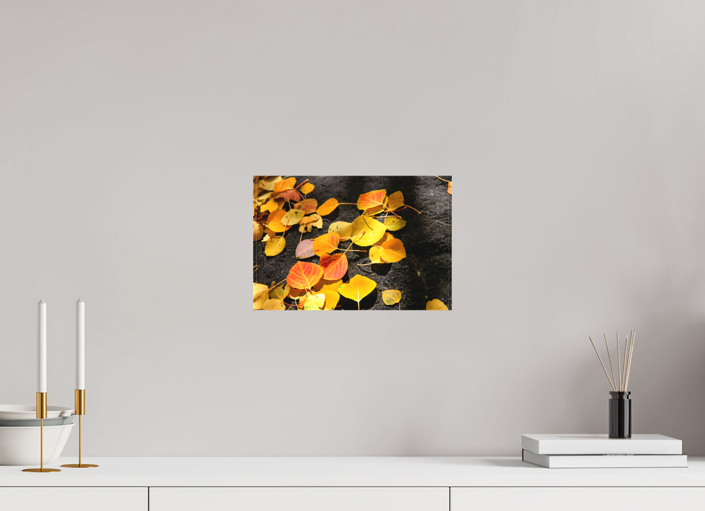 12 x 8″, -Matte Canvas on Stretcher Frame Autumn Aspen Leaves on Stone
