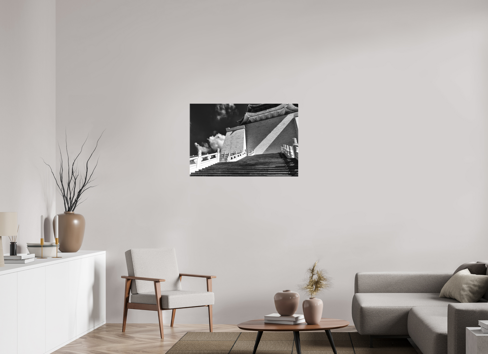 36 x 24″, -Textile Print on Stretcher Frame Chiang Kai-shek Memorial Hall Black and White Fine Art Photograph