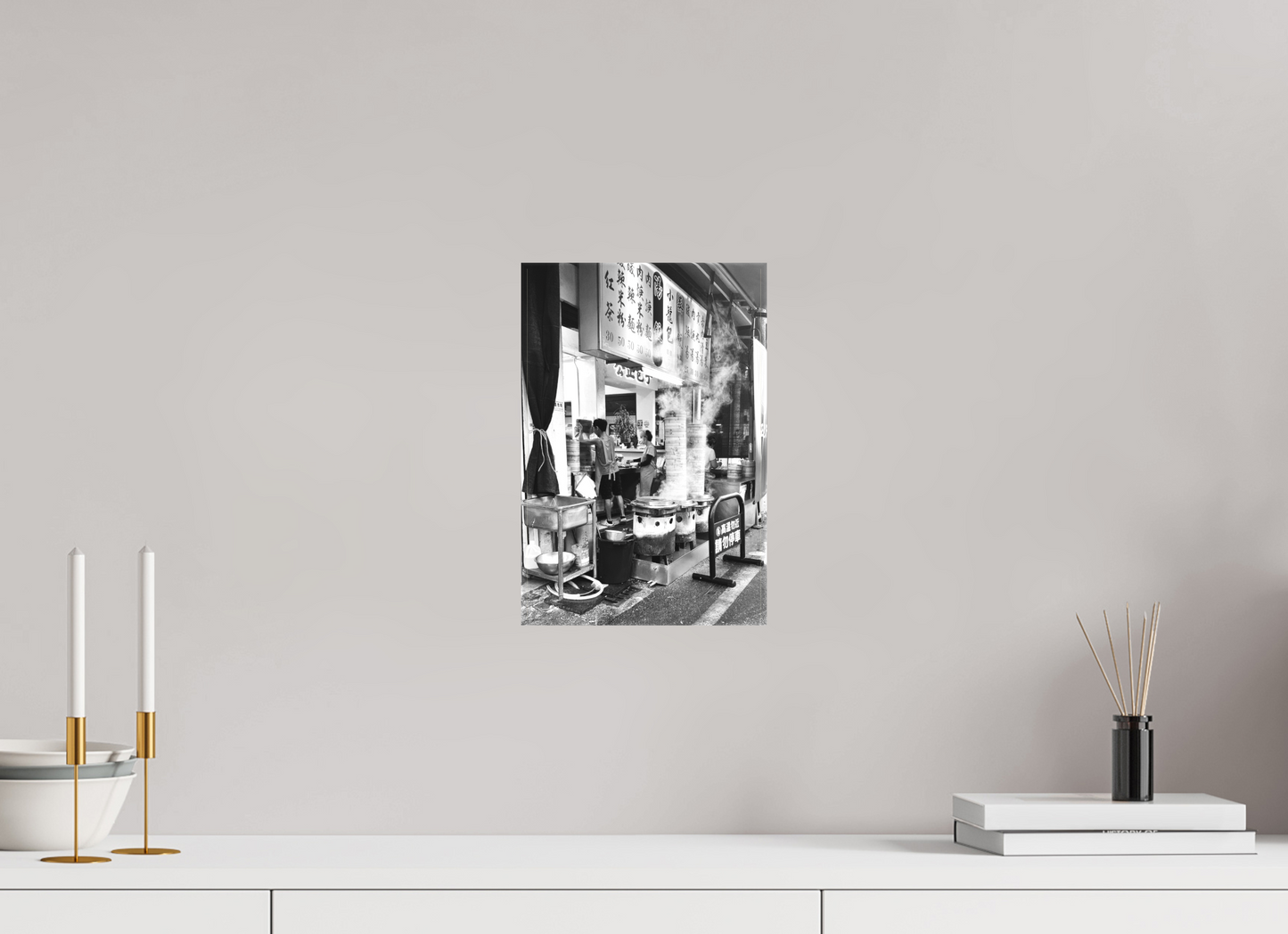 8 x 12″, -Textile Print on Stretcher Frame Dumpling Kitchen Black and White Fine Art Photograph Hualien Taiwan
