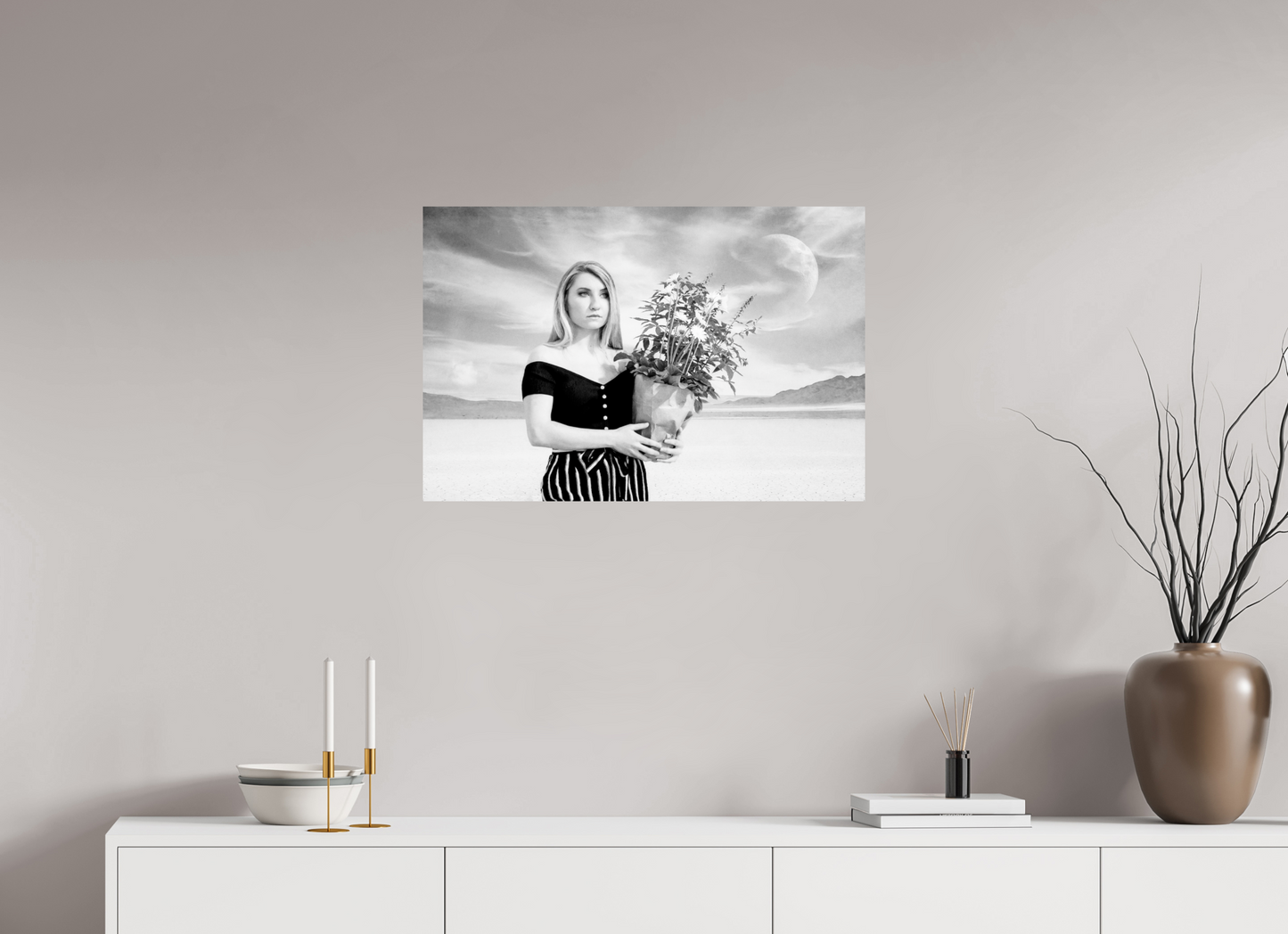 30 x 20″, -Metallic Photo Print on Fuji Crystal Pearl She Waits in Silence – Surreal Black & White Fine Art Photography Print