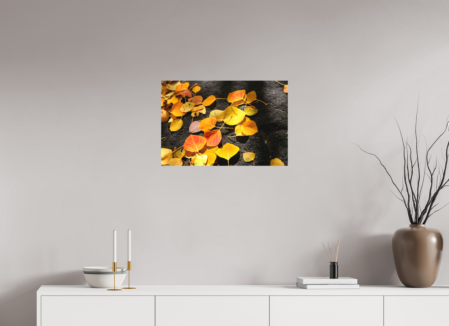 24 x 16″, -Textile Print on Stretcher Frame Autumn Aspen Leaves on Stone