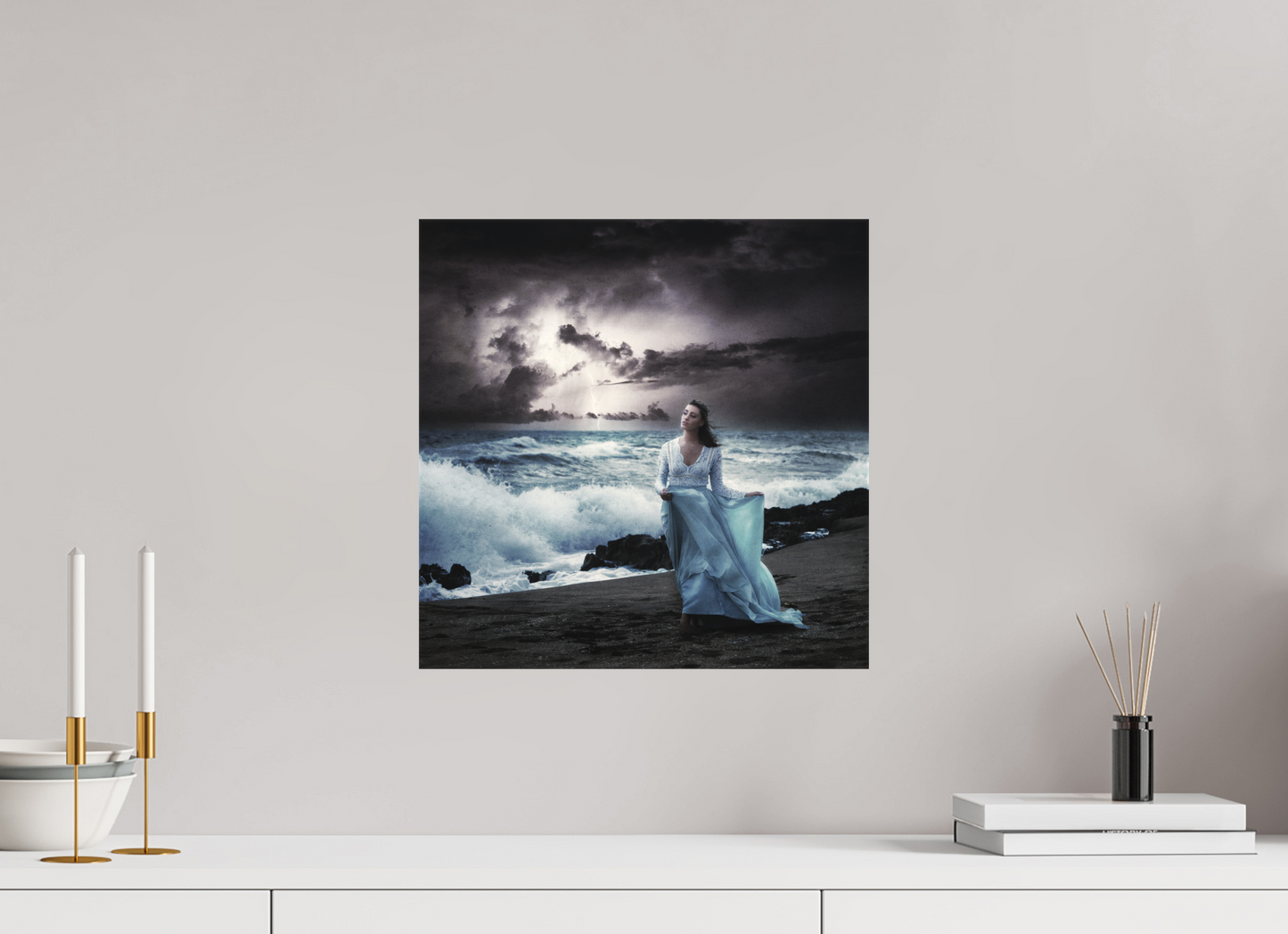 15 x 15″, -Matte Canvas on Stretcher Frame Nightfall – Woman by the Sea in a Surreal Stormscape