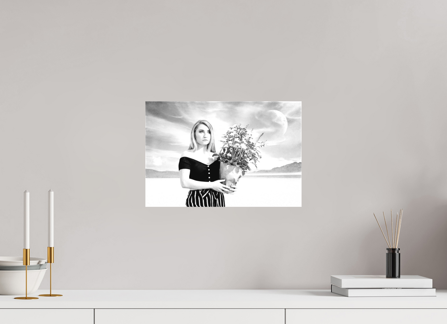 15 x 10″, -Textile Print on Stretcher Frame She Waits in Silence – Surreal Black & White Fine Art Photography Print