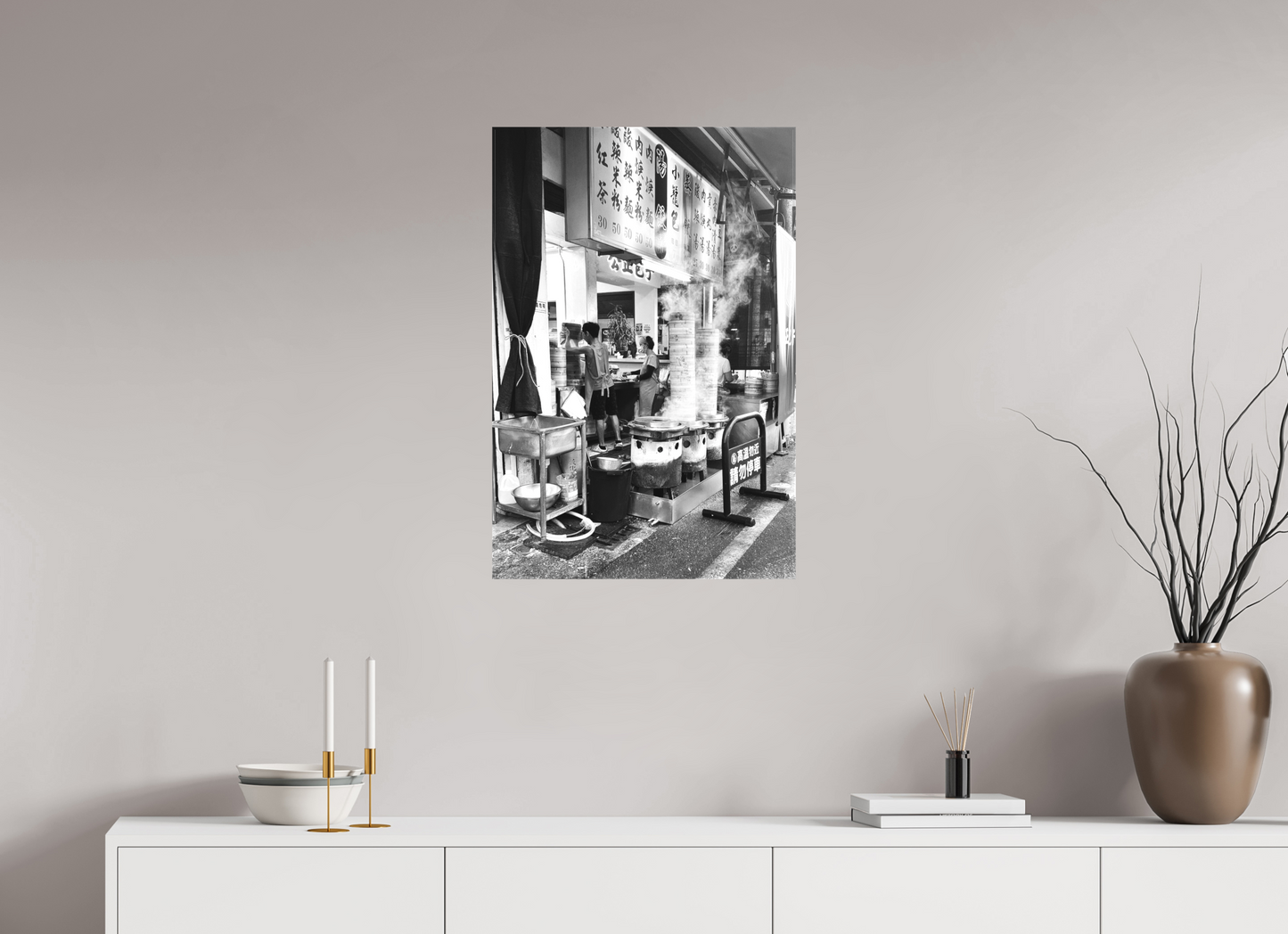 20 x 30″, -Matte Canvas on Stretcher Frame Dumpling Kitchen Black and White Fine Art Photograph Hualien Taiwan