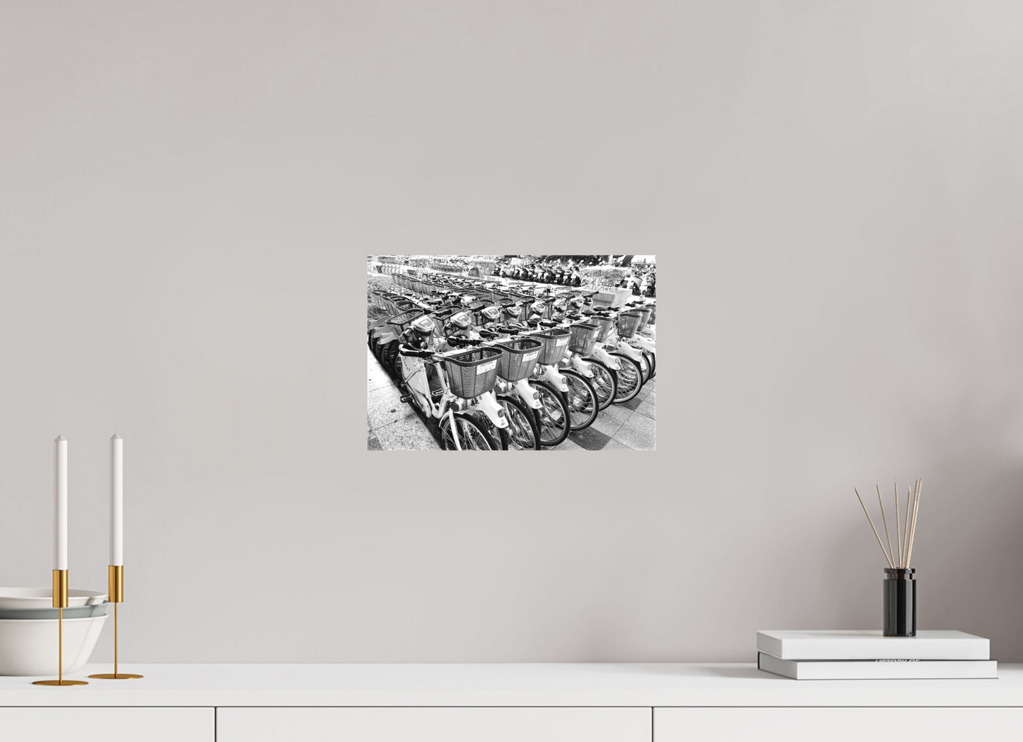 12 x 8″, -Textile Print on Stretcher Frame Easy Bikes Black and White Fine Art Photograph Taipei Taiwan