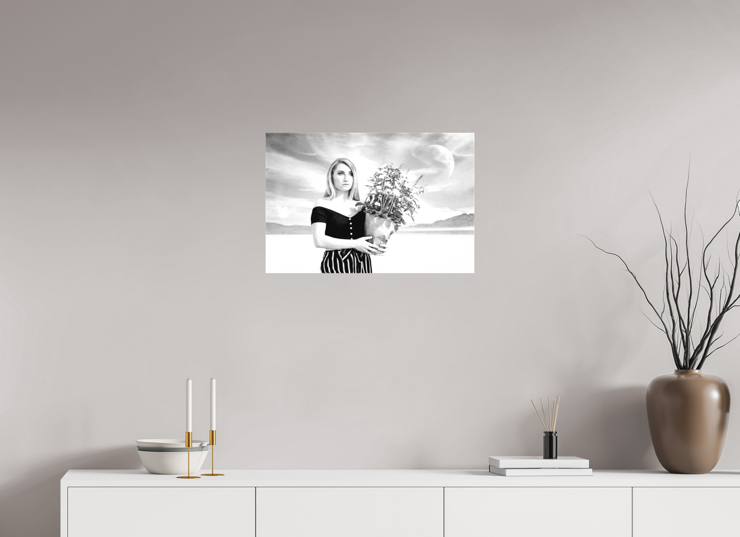 24 x 16″, -Matte Canvas on Stretcher Frame She Waits in Silence – Surreal Black & White Fine Art Photography Print