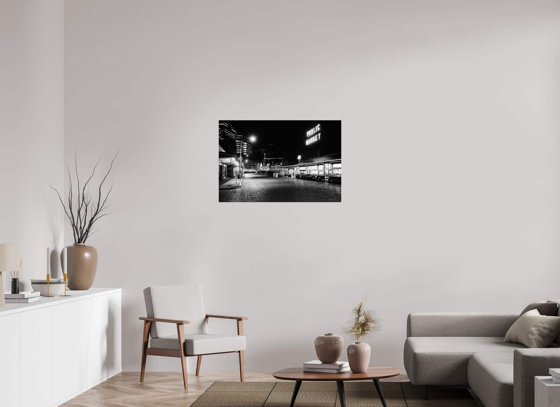 36 x 24″, -Photo Print on Ilford BW Paper Seattle Market by Night