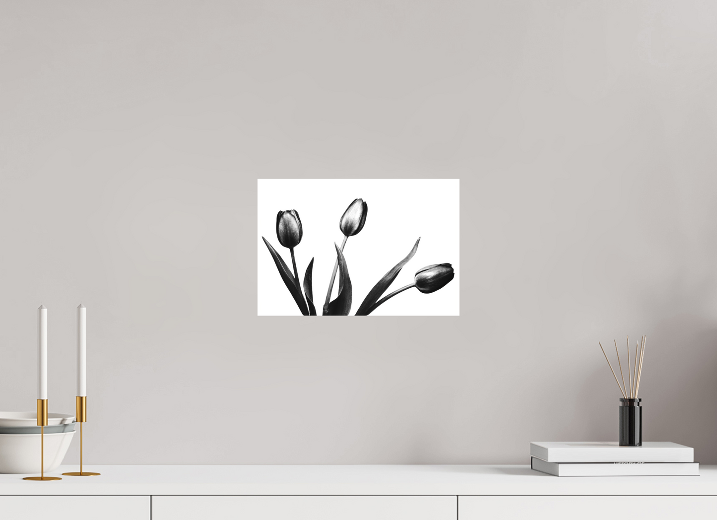 12 x 8″, -Matte Canvas on Stretcher Frame Trio of Tulips Black and White Fine Art Photograph
