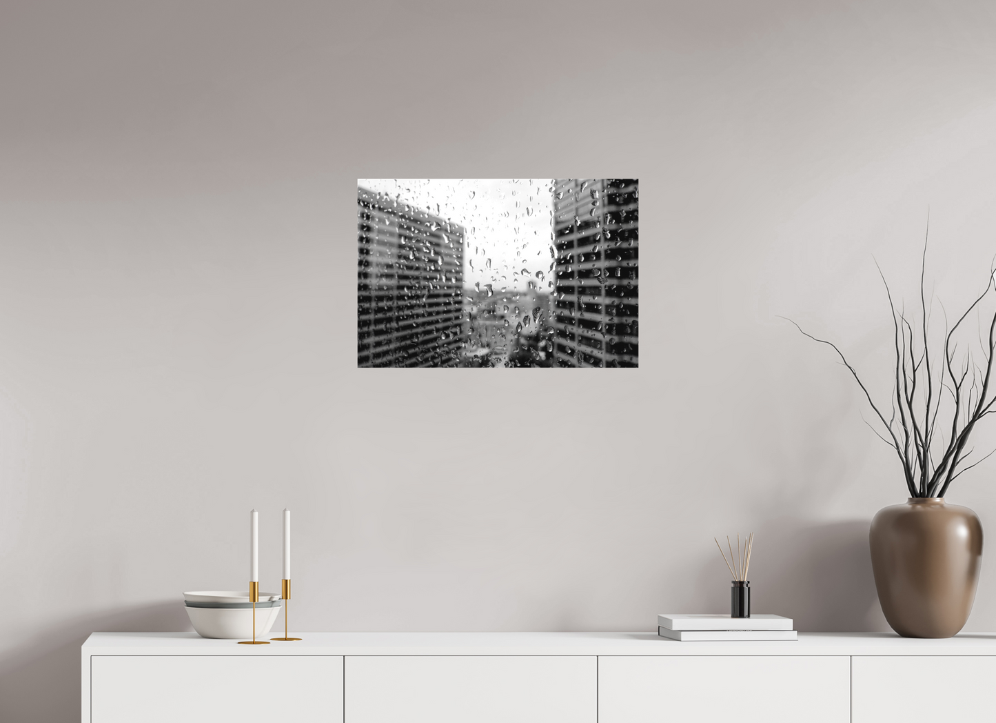 24 x 16″, -Textile Print on Stretcher Frame Rain on the 40th Floor – Seattle Black and White Fine Art Photography