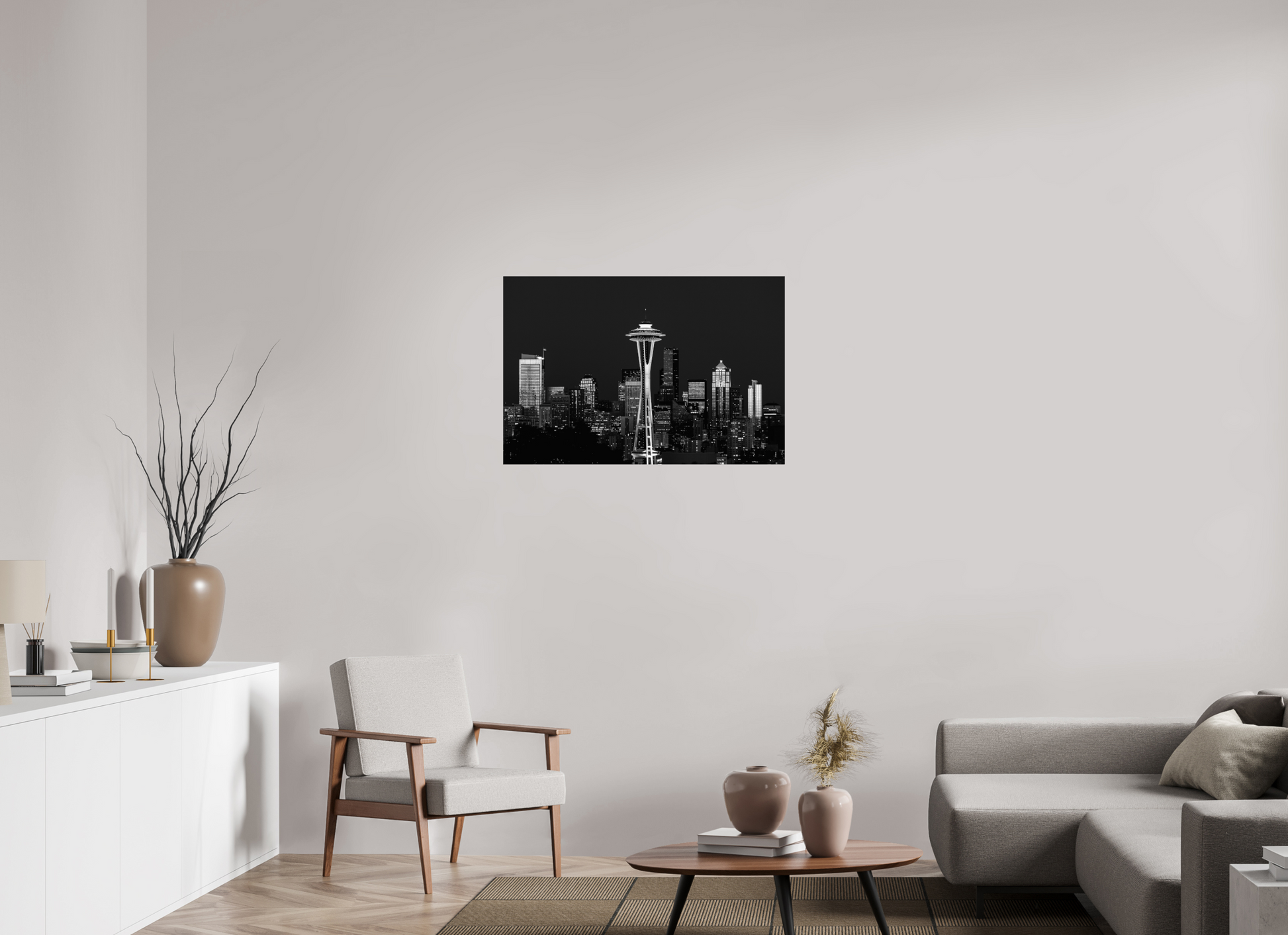 36 x 24″, -Photo Print on Ilford BW Paper Midnight in Seattle – Black and White Fine Art Photograph of the Seattle Skyline at Night