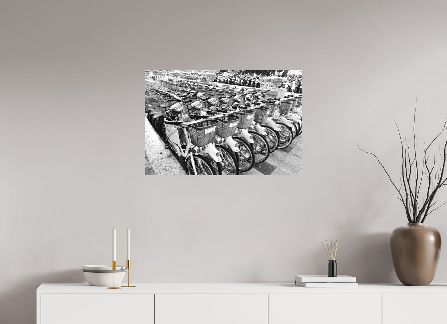30 x 20″, -Matte Canvas on Stretcher Frame Easy Bikes Black and White Fine Art Photograph Taipei Taiwan