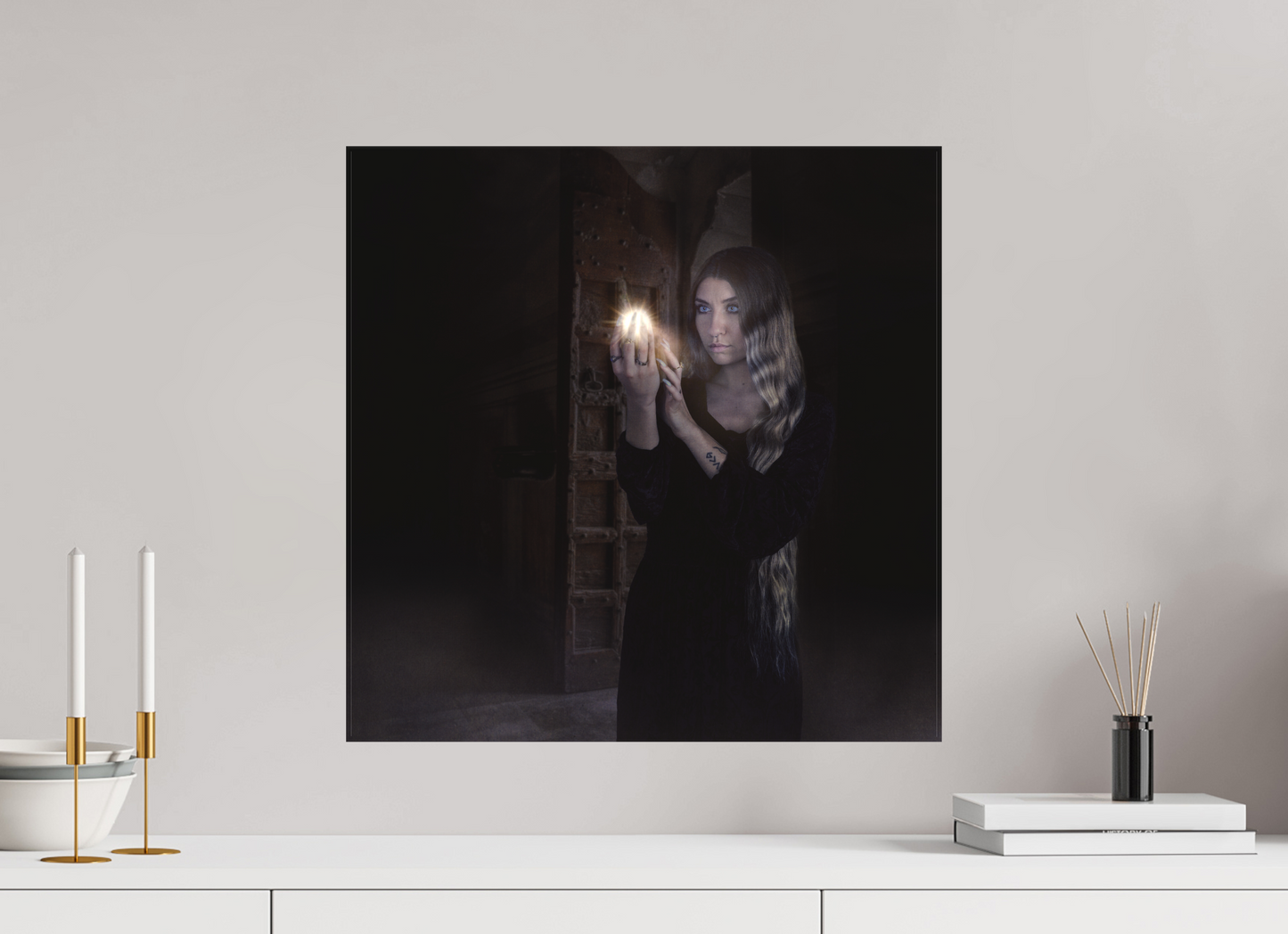 20 x 20″, -Textile Print on Stretcher Frame Divination | Light in Darkness