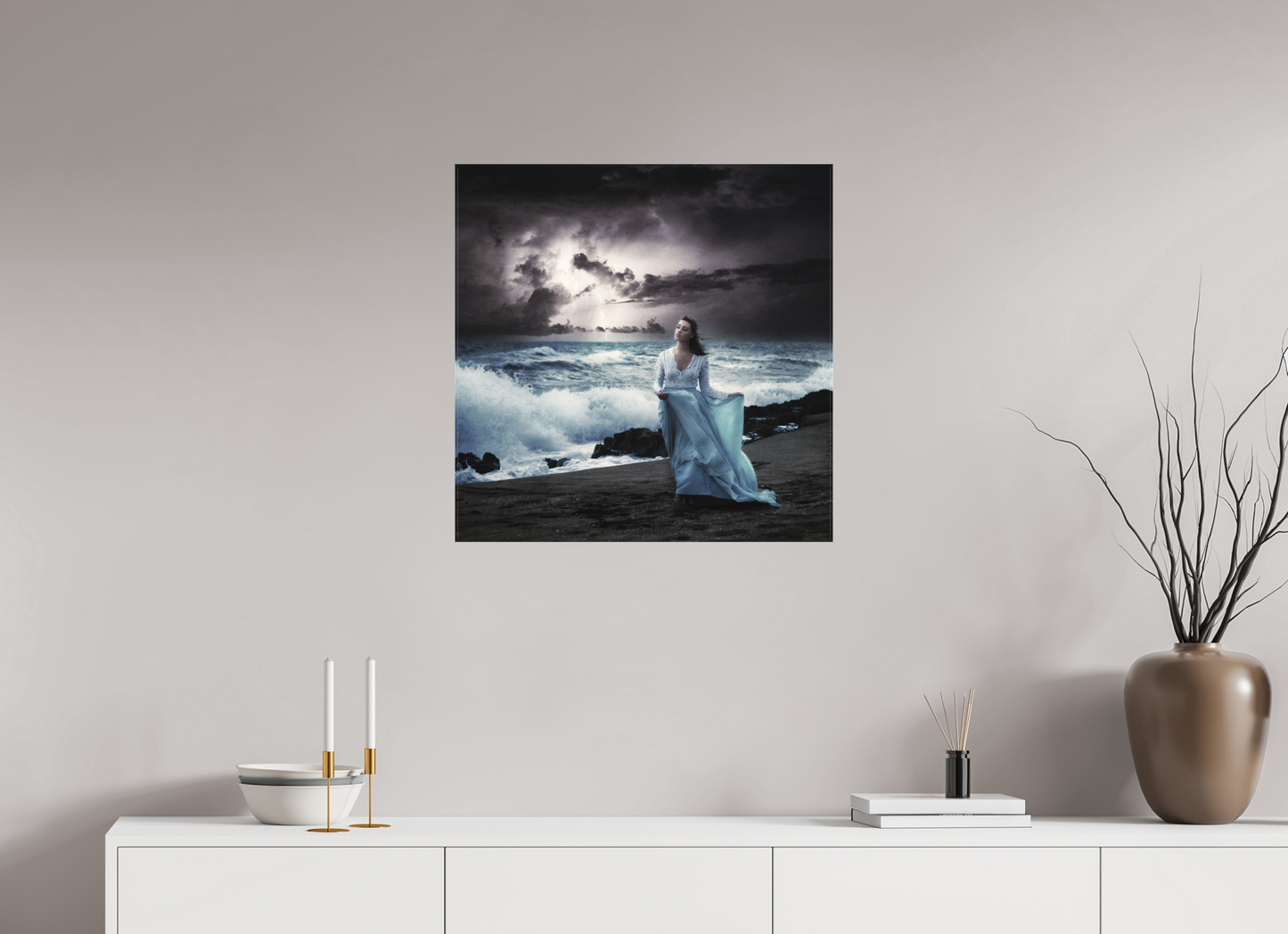 25 x 25″, -Matte Canvas on Stretcher Frame Nightfall – Woman by the Sea in a Surreal Stormscape