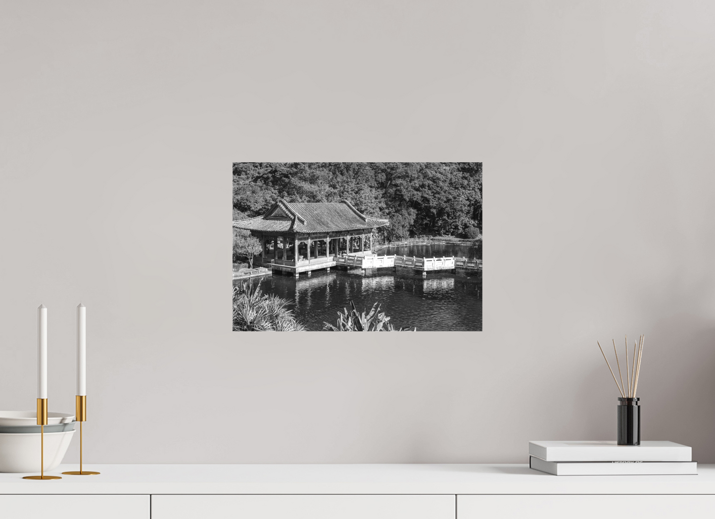 15 x 10″, -Textile Print on Stretcher Frame Zhishan Garden Black and White Fine Art Photograph Taipei Taiwan